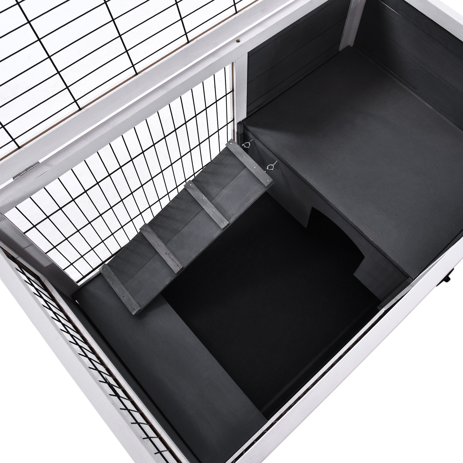 Pawhut Rabbit Hutch on Wheels 2-Story Rabbit Cage with Lockable Door Opening Roof Sliding Plate Wooden Ramp Grey White Sapin Wood