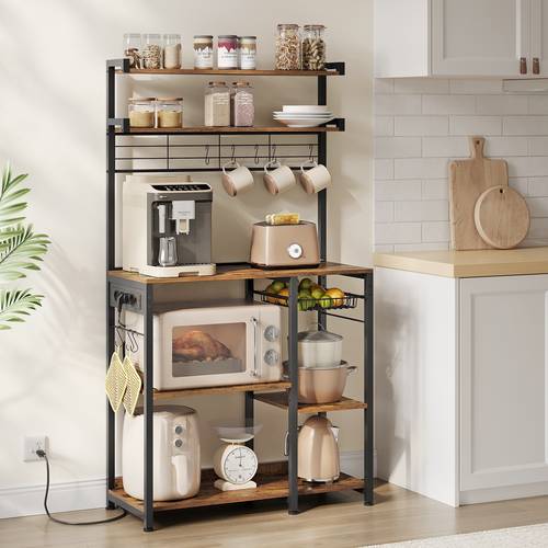 étagère cuisine avec multiprise, support pour micro-ondes, bar à café, 4 prises ca, étagères réglables, 8 crochets en s, panier, porte-épices