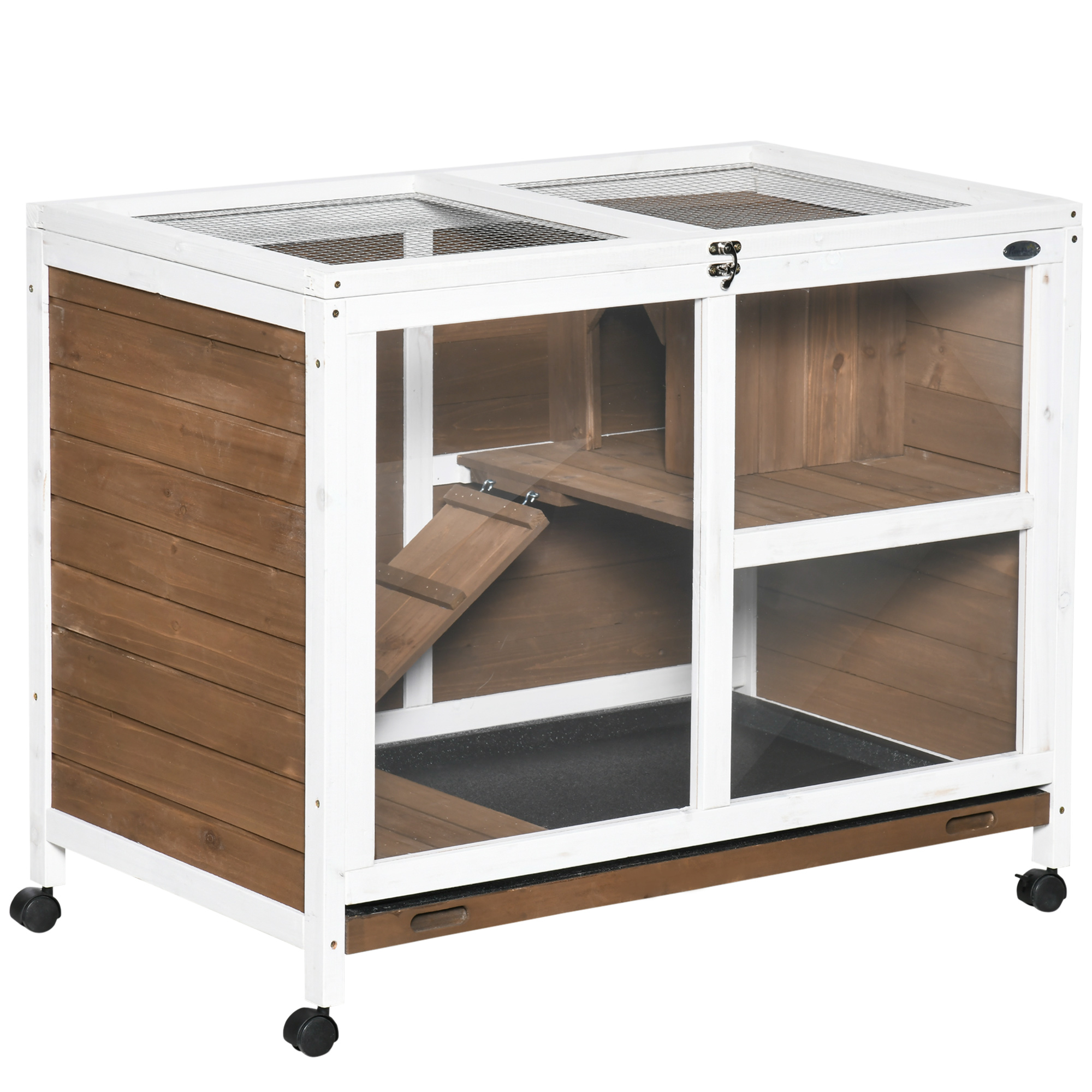 Image of Pawhut Rabbit Cage With Wheels, Small Wooden Animal Enclosure 2 Floors With Opening Platforms 91.5 X 53.3 X 73 Cm Brown, Rabbit Cage Indoor