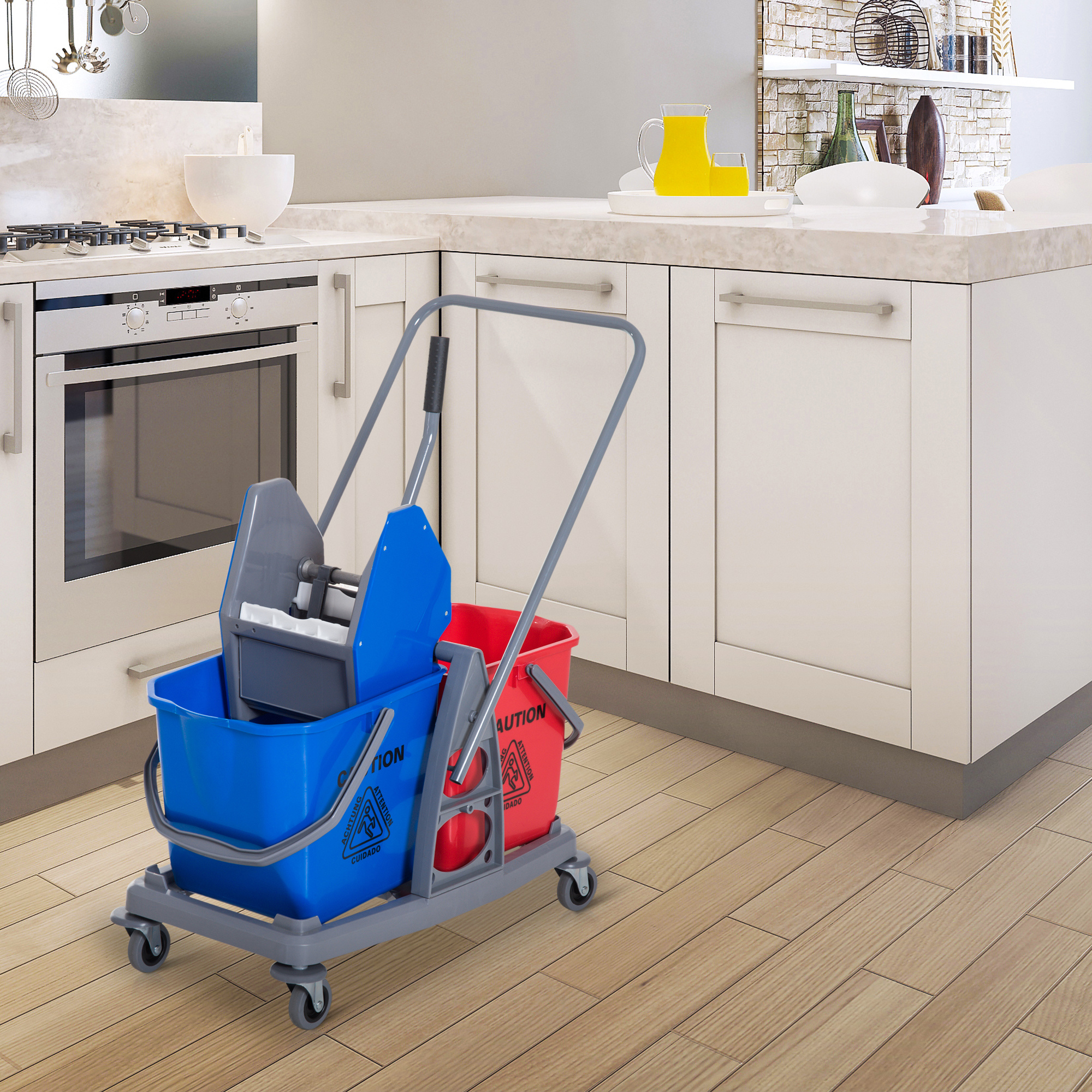 Cleaning Trolley Cleaning Trolley Wiping Trolley With 2 Buckets System Trolley With 4 Smooth Rolling Wheels Metal+pp Blue+red 73 45 92 Cm