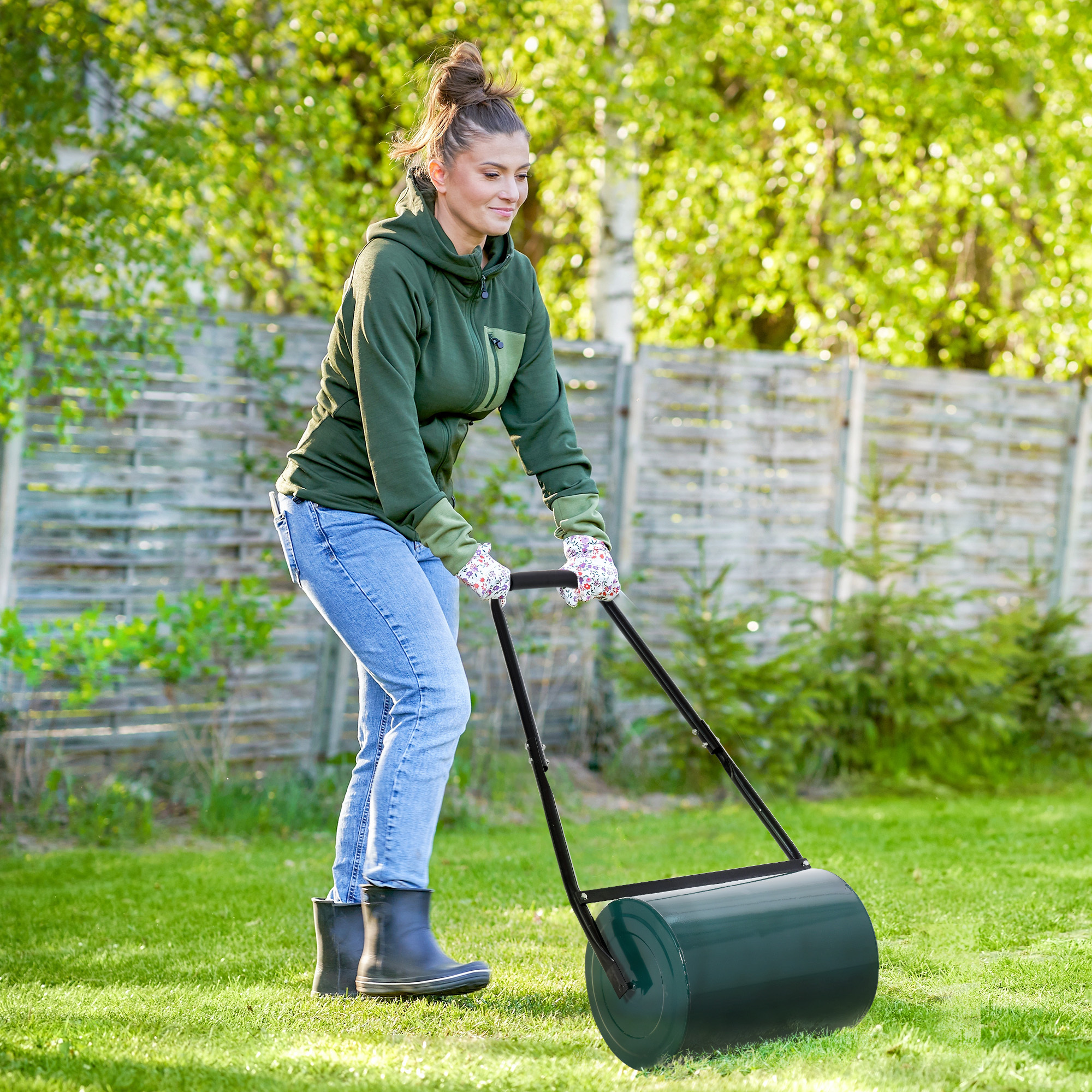 Lawn Roller Garden Roller With U-handle 31 Cm Diameter 30 Cm Working Width 40 L Water/sand Filling Metal Green, Steel Body, Efficient Rolling, Three-part Construction