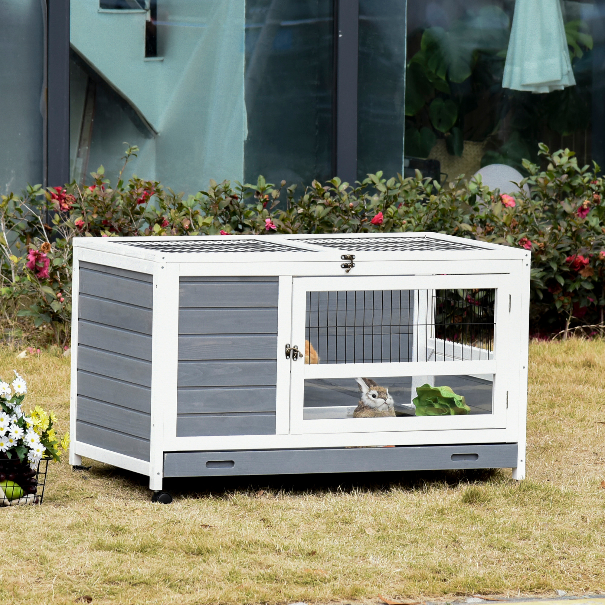 PawHut Rabbit Cage Hutch on Wheels Wooden Bunny Villa Rabbit Hutch with Slide-Out Tray, Lockable Door, Openable Top 102 x 60 x 63.5 cm, Grey