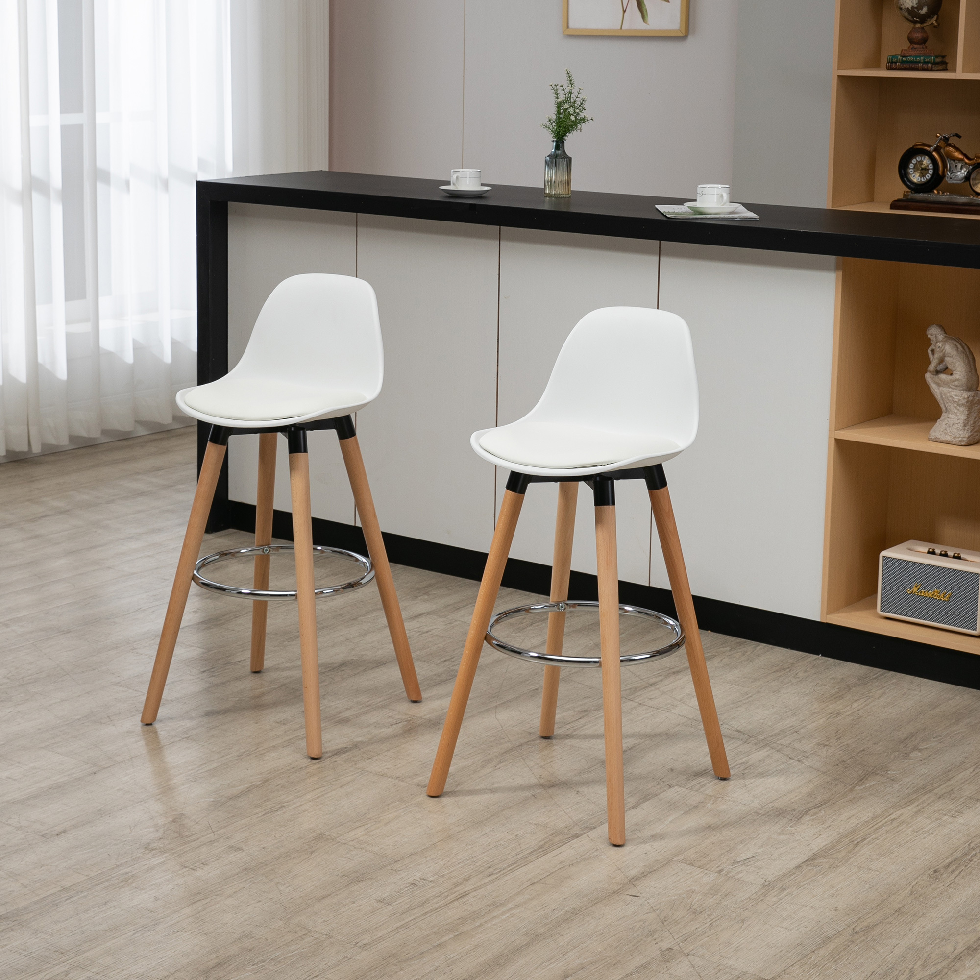 2-piece Bar Stool Set, Padded Bar Chair With Wooden Legs And Backrest, Kitchen Stools With Steel Footrest, Counter Height Stools For Kitchen, Living Room, Dining Room, Faux Leather, White