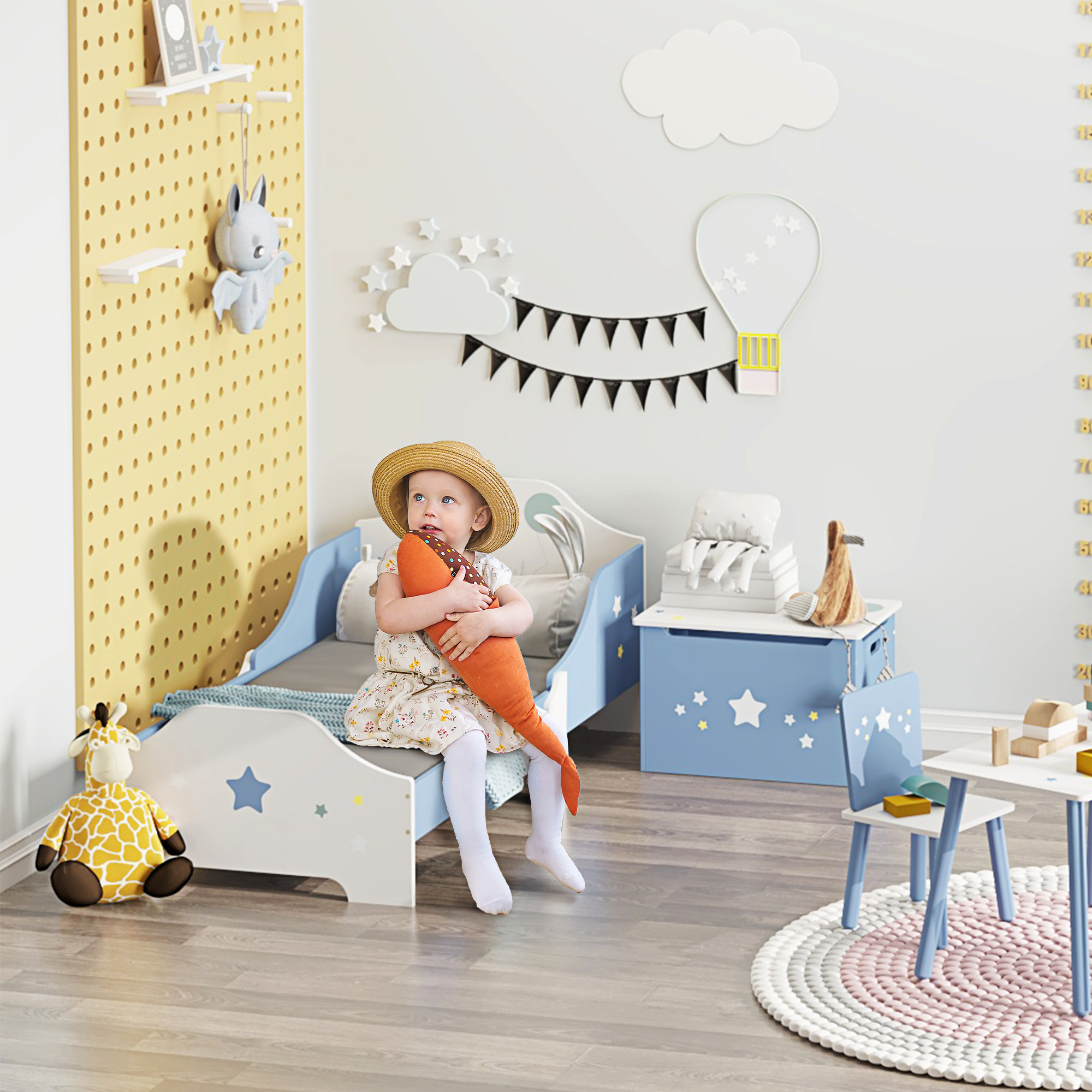 Image of Homcom Low Bed For Boys And Girls Aged +3 Years With Side Rails, Blue And White Bed, 143 X 74 X 59 Cm