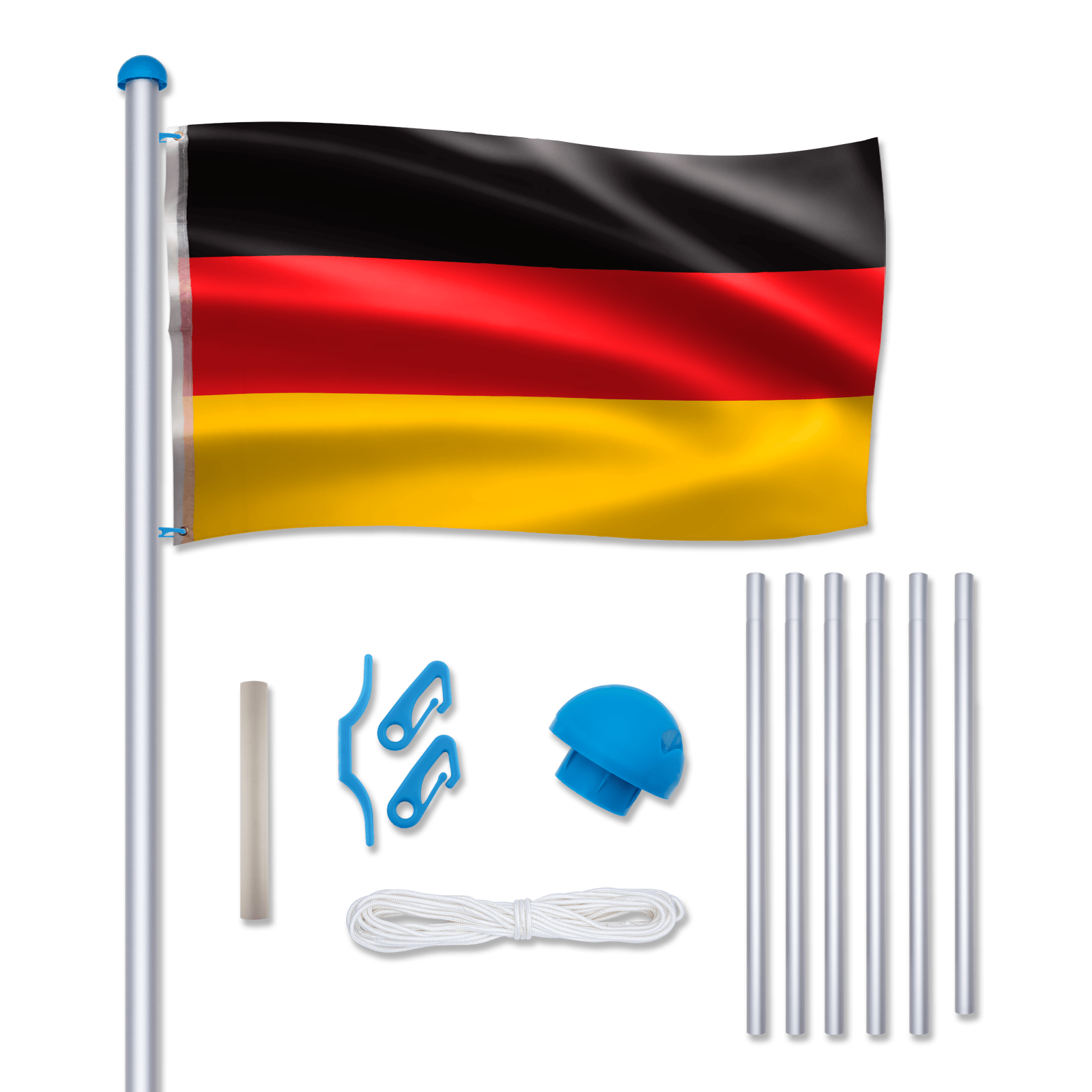 

Aluminium Flagpole 6.50m With German Flag, Cable Pull And Ground Sleeve, Weatherproof Flagpole, Height Adjustable For Outdoors