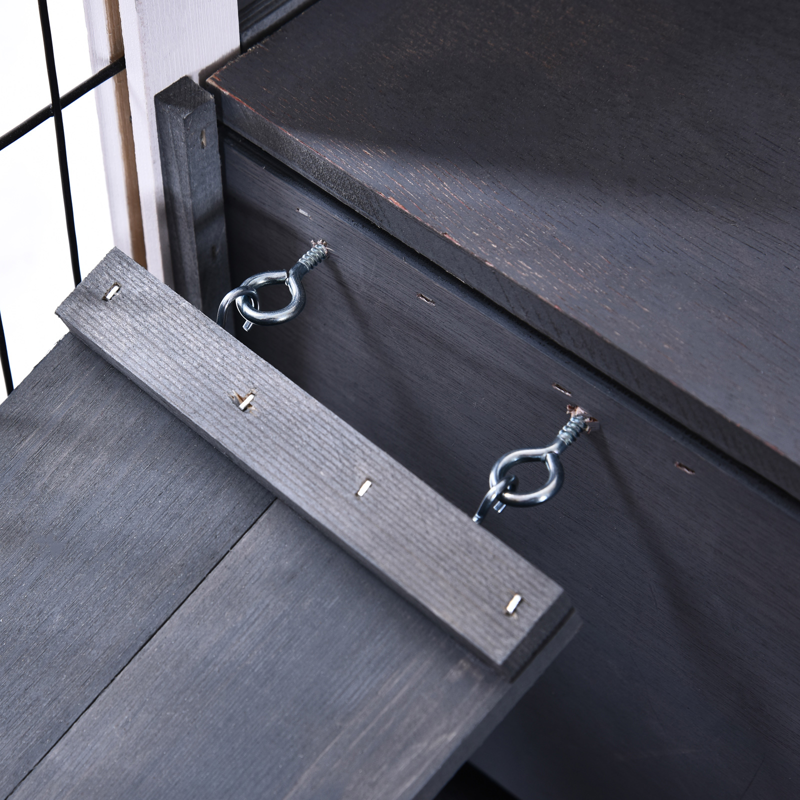 Pawhut Rabbit Hutch on Wheels 2-Story Rabbit Cage with Lockable Door Opening Roof Sliding Plate Wooden Ramp Grey White Sapin Wood