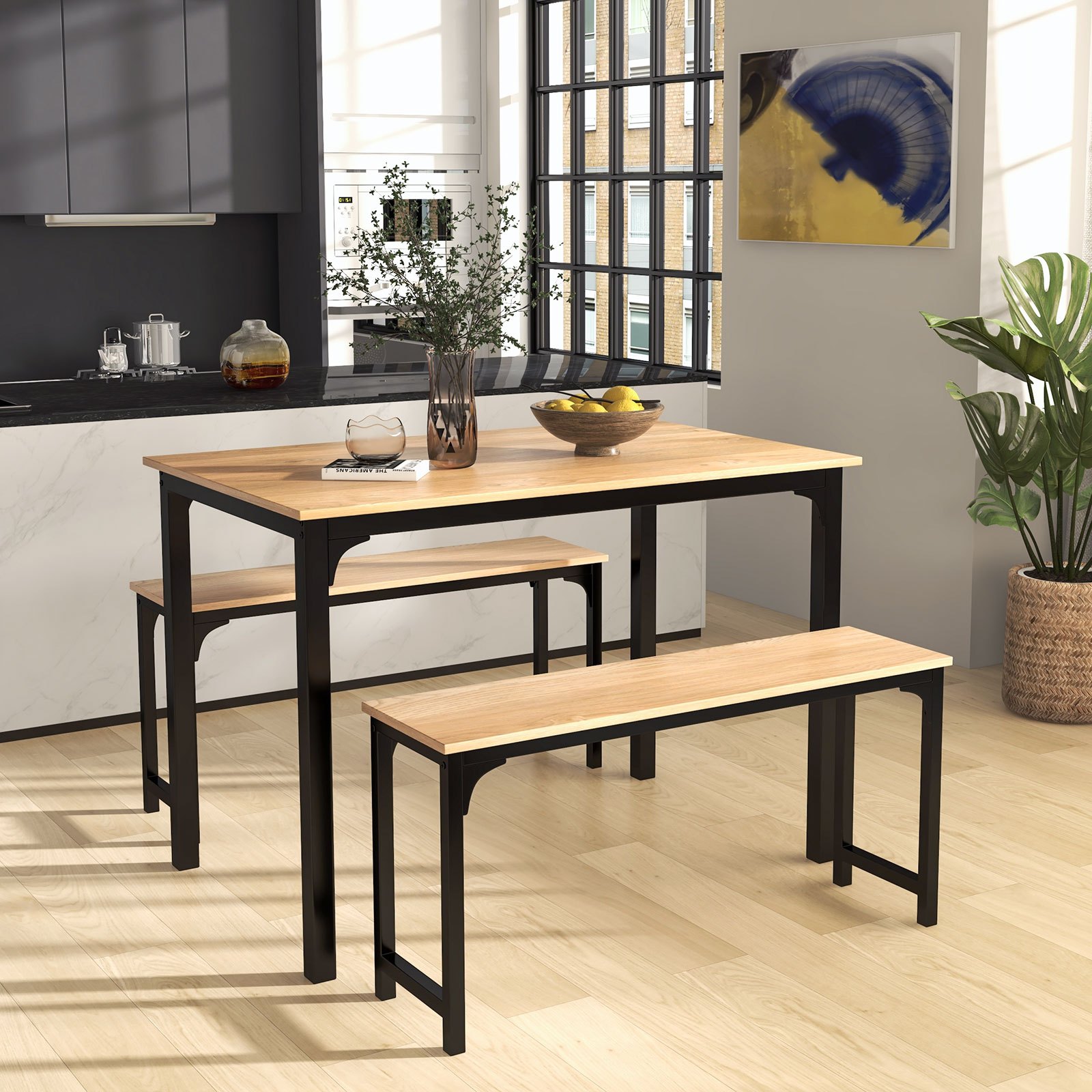TEMU Goflame 3pcs Table And Bench Set, Dining Table Furniture Set For Small Spaces W/ Non-slip Foot Pads, 4-person Metal Frame Table Set, 1