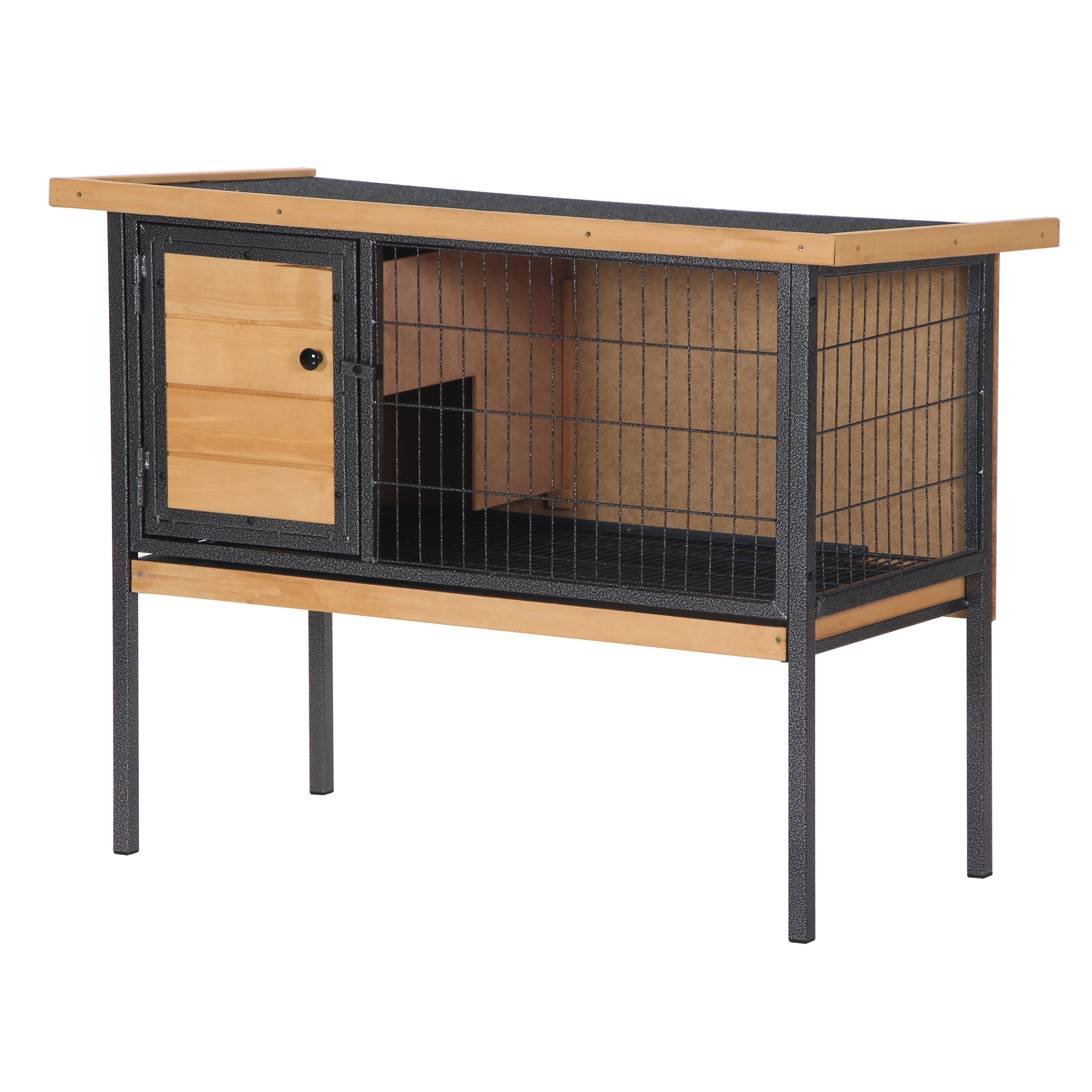 PawHut Wooden Rabbit Cage on Legs, Outdoor Hutch for Small Animals, Guinea Pets with Openable Roof - Dim. 91.5W x 45D x 70H cm