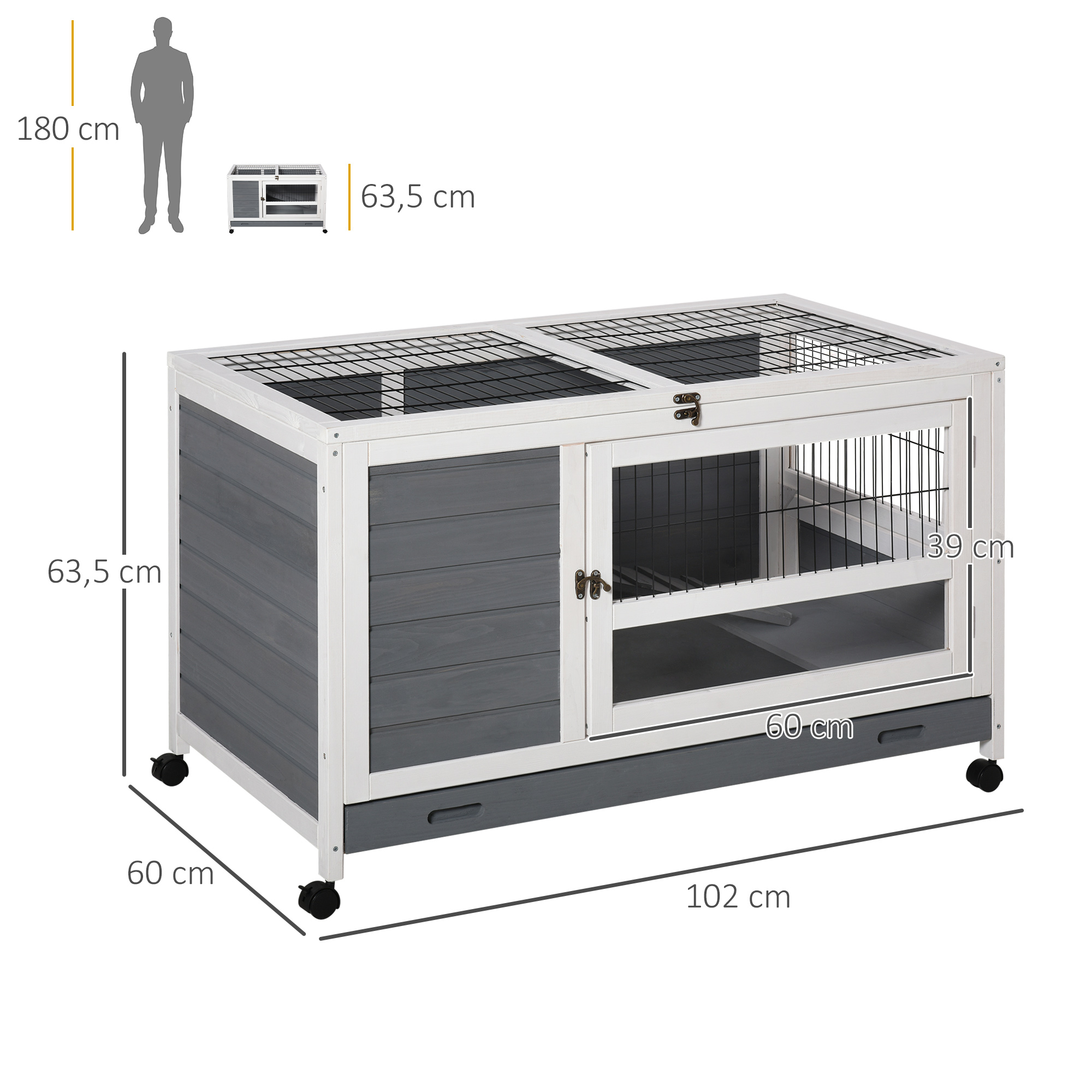 PawHut Rabbit Cage Hutch on Wheels Wooden Bunny Villa Rabbit Hutch with Slide-Out Tray, Lockable Door, Openable Top 102 x 60 x 63.5 cm, Grey