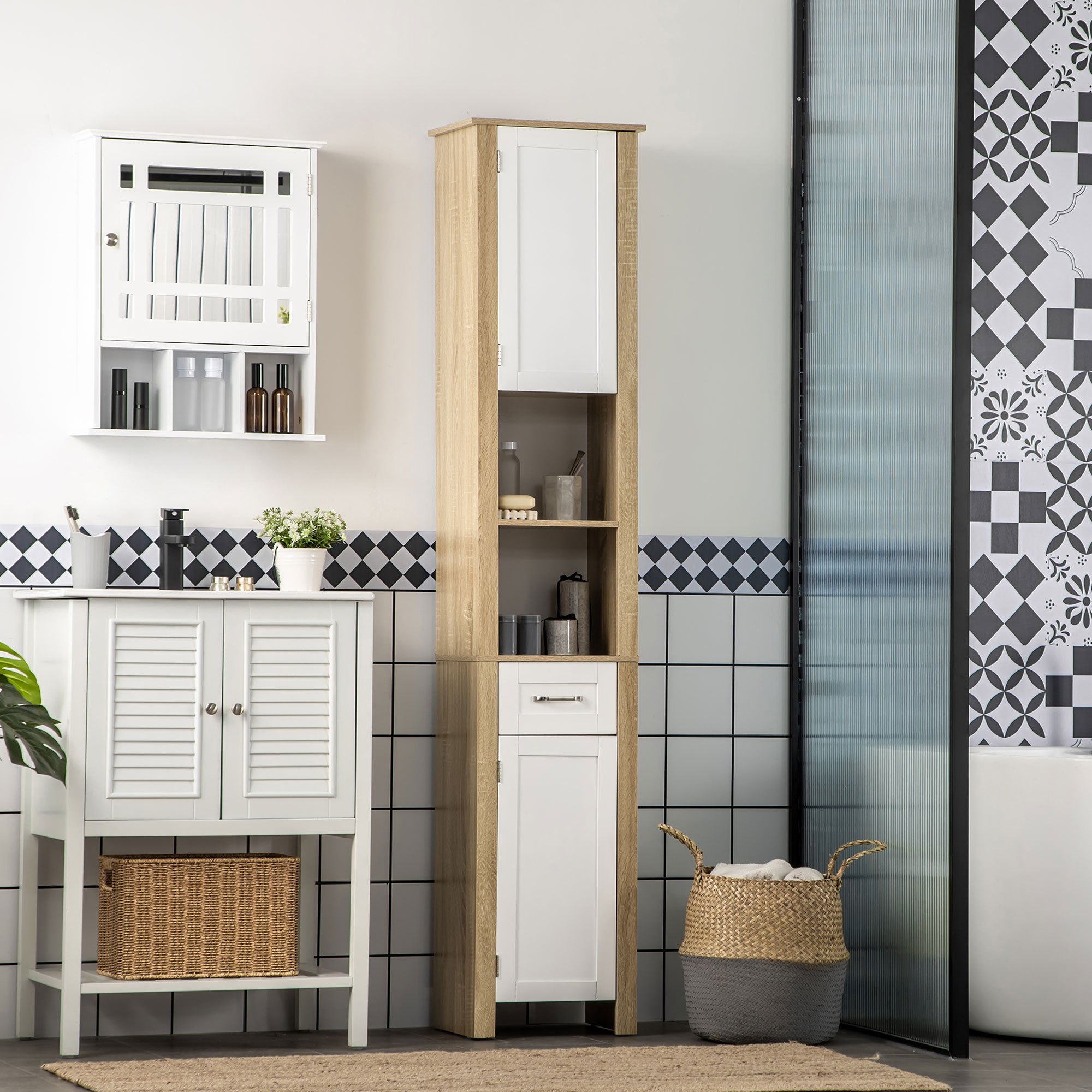 Image of Kleankin Mobile Bathroom High In Chipboard With A Drawer, 2 Cabinets And 2 Adjustable Open Shelves, 37x30x184 Cm, White And Wood Colour