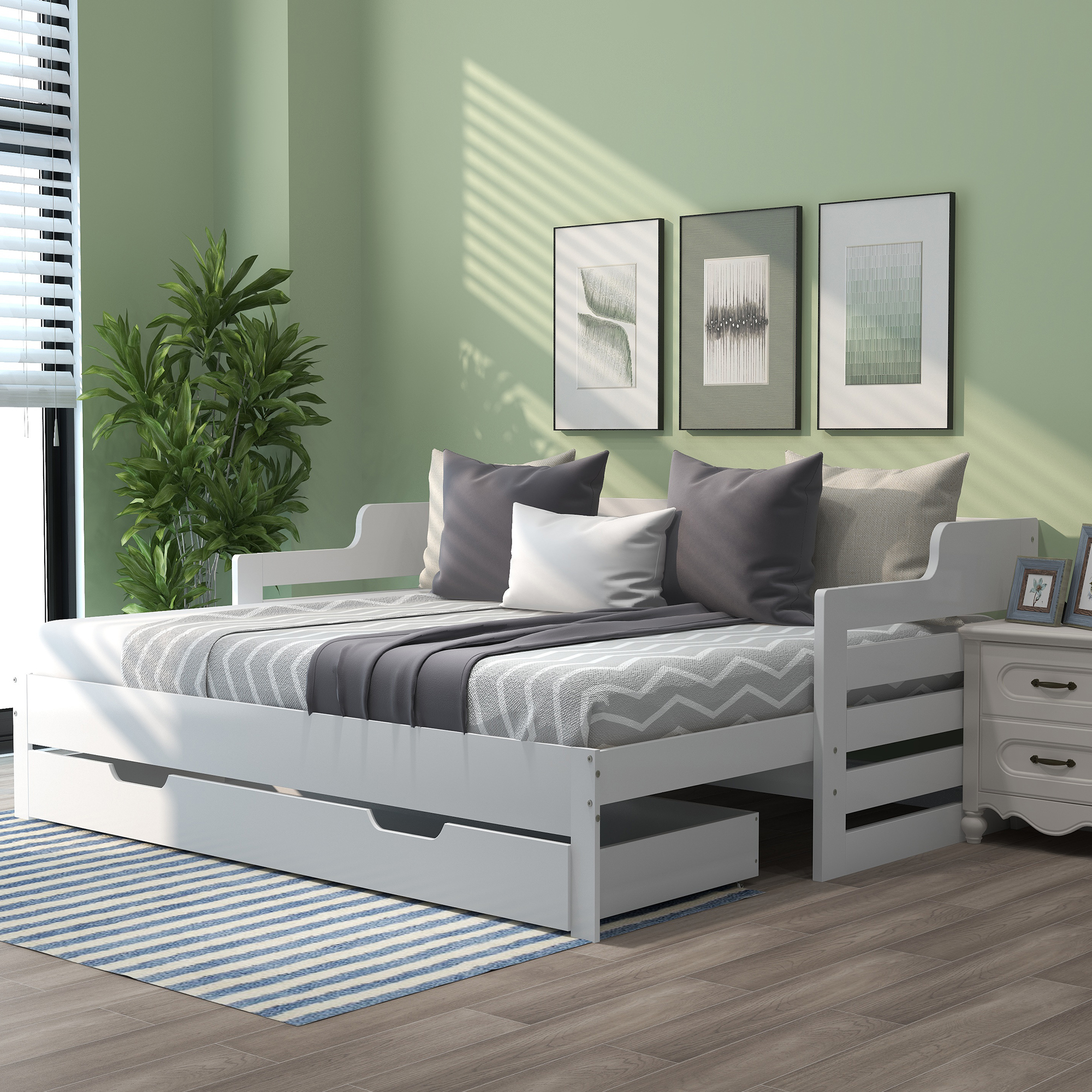 Daybed ( 90 x190 cm White Trundle and Drawer, Cabin Bed, SIngle Guest Bed Sofa Bed, Pull out Trundle and Storage Drawer for Living Room and Bedroom