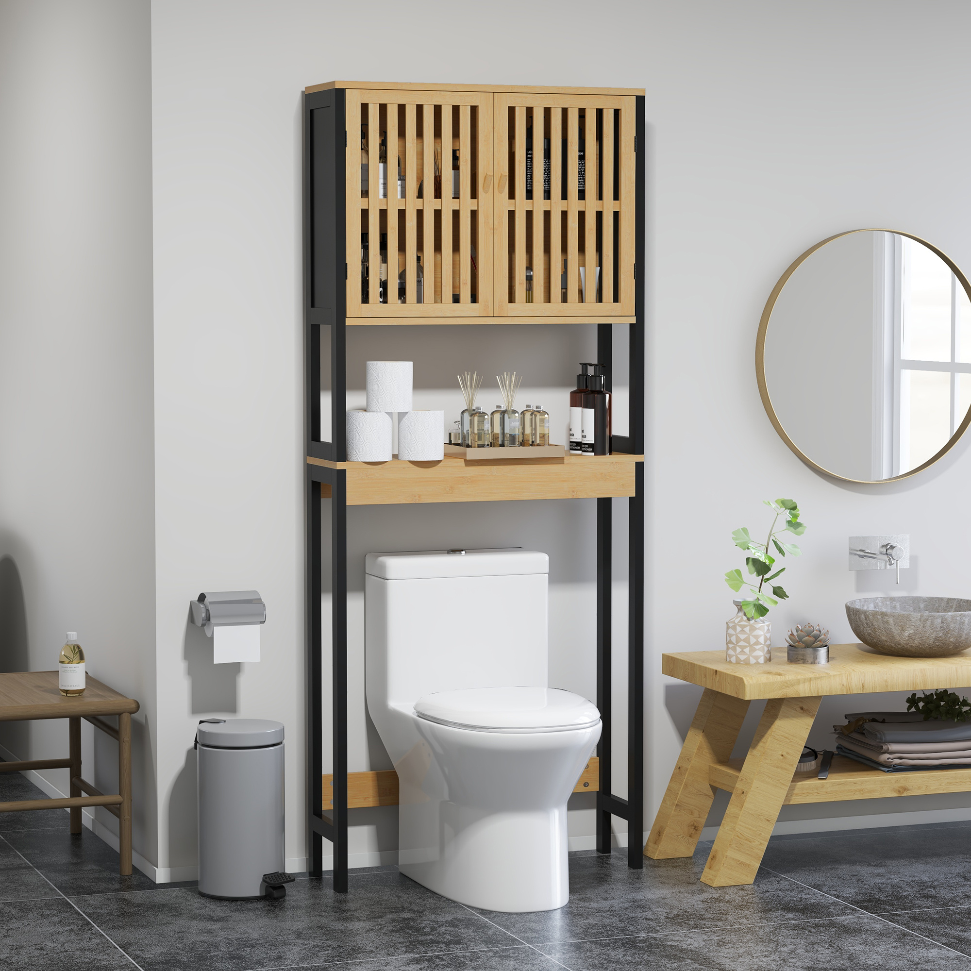 Image of Homcom Mobile Above Toilet With 2-door Cabinet And Open Shelf, Space- Bathroom Cabinet With Slatted Doors, 60x21.5x172cm, Wooden Color