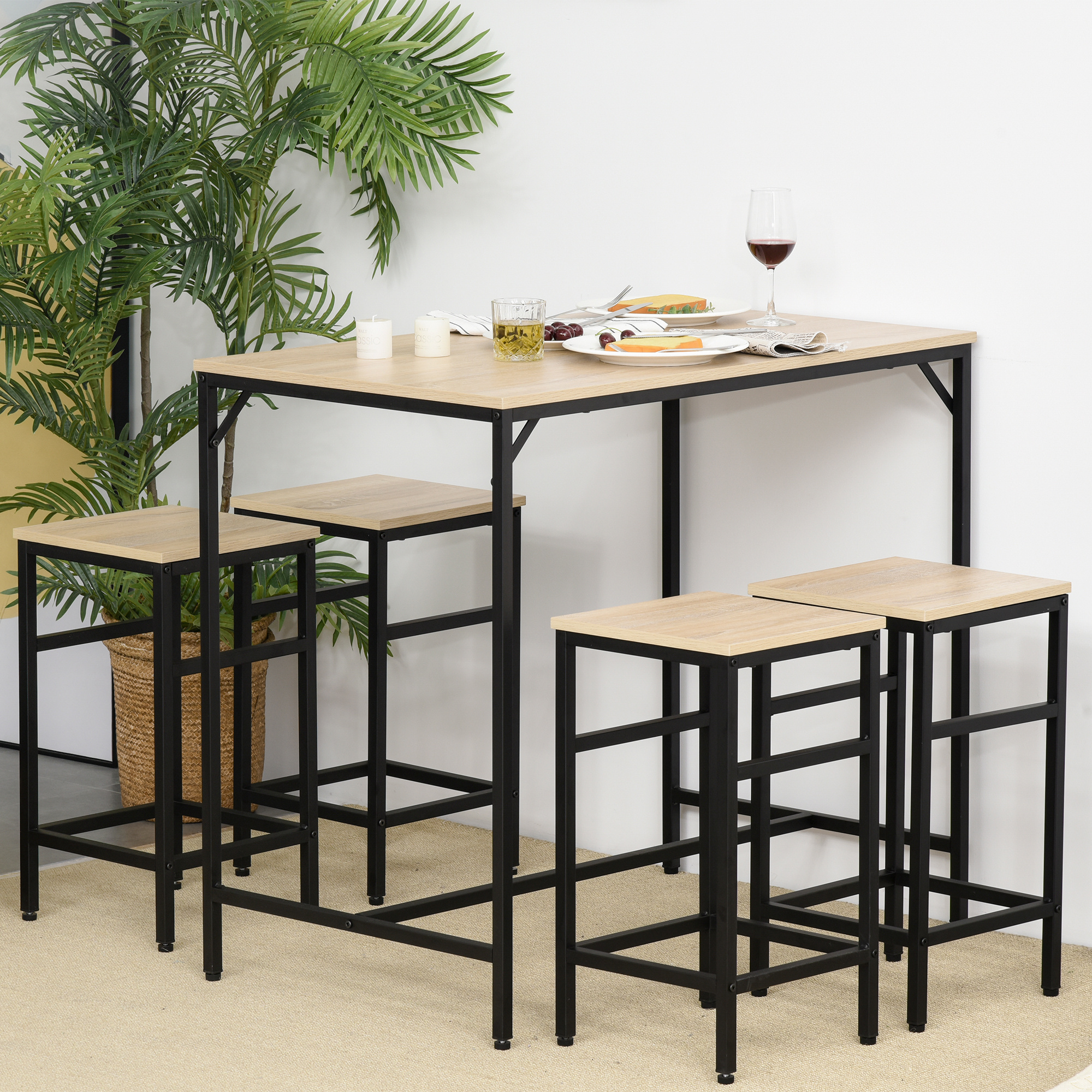 Image of Homcom Bar Table With Bar Stool Set 5-piece Bar Table Set Bar Table With 4 Bar Stools Placemat Kitchen Counter For Dining Room, Kitchen + X 60 X 88 Cm