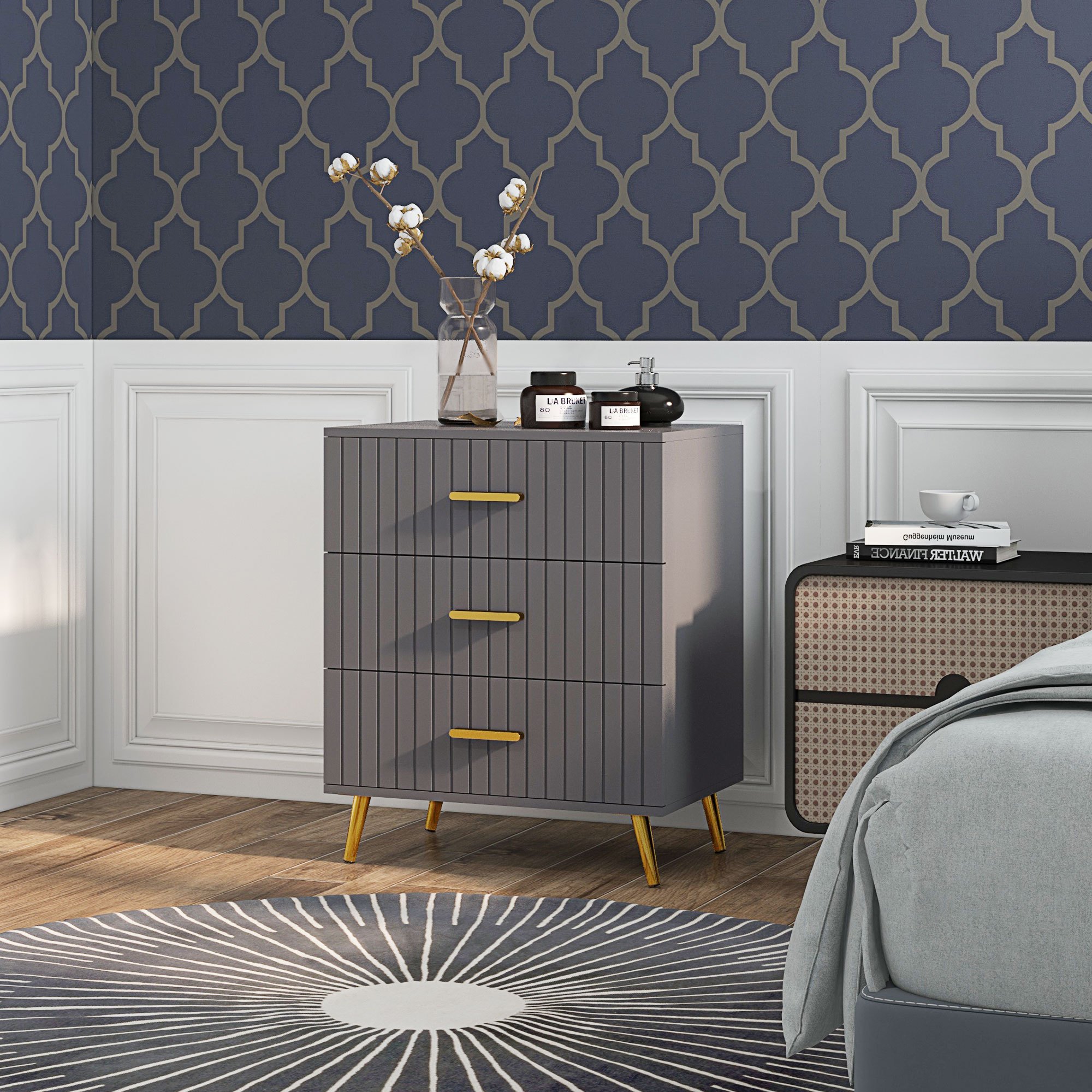 Image of Homcom Modern 3-drawer Dresser With Anti-tip Feature, Wood And Aluminum Dresser With Drawers, Gold And Dark Grey