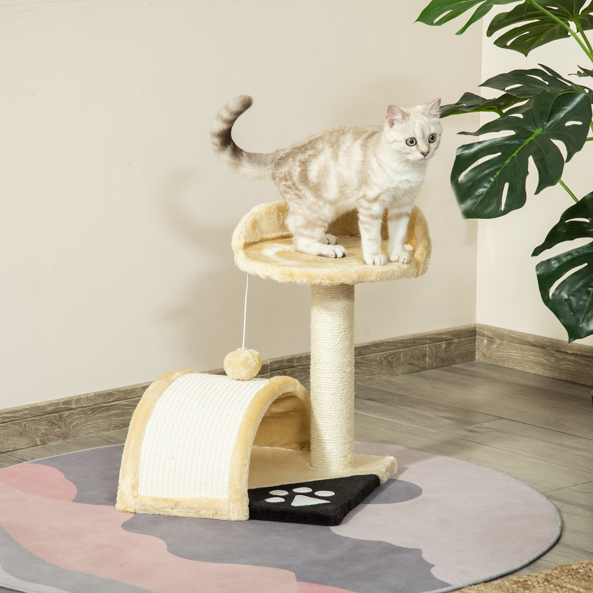 Image of 46 Cm Small Cat Tower With Cave, Play Ball, Sisal Rope, Elevated Platform, Cat Scratching Post, Climbing Tree For Cats Up To 4 Kg, Beige