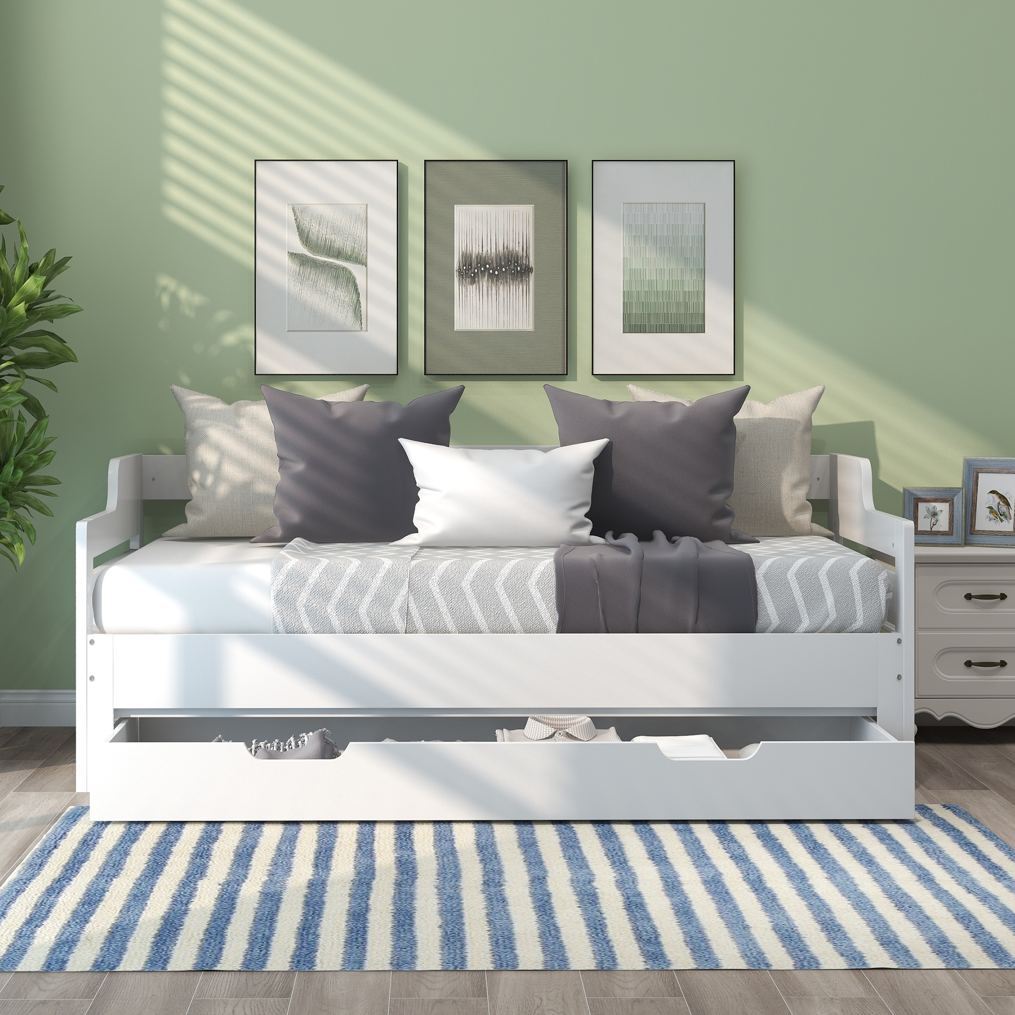 Daybed ( 90 x190 cm White Trundle and Drawer, Cabin Bed, SIngle Guest Bed Sofa Bed, Pull out Trundle and Storage Drawer for Living Room and Bedroom