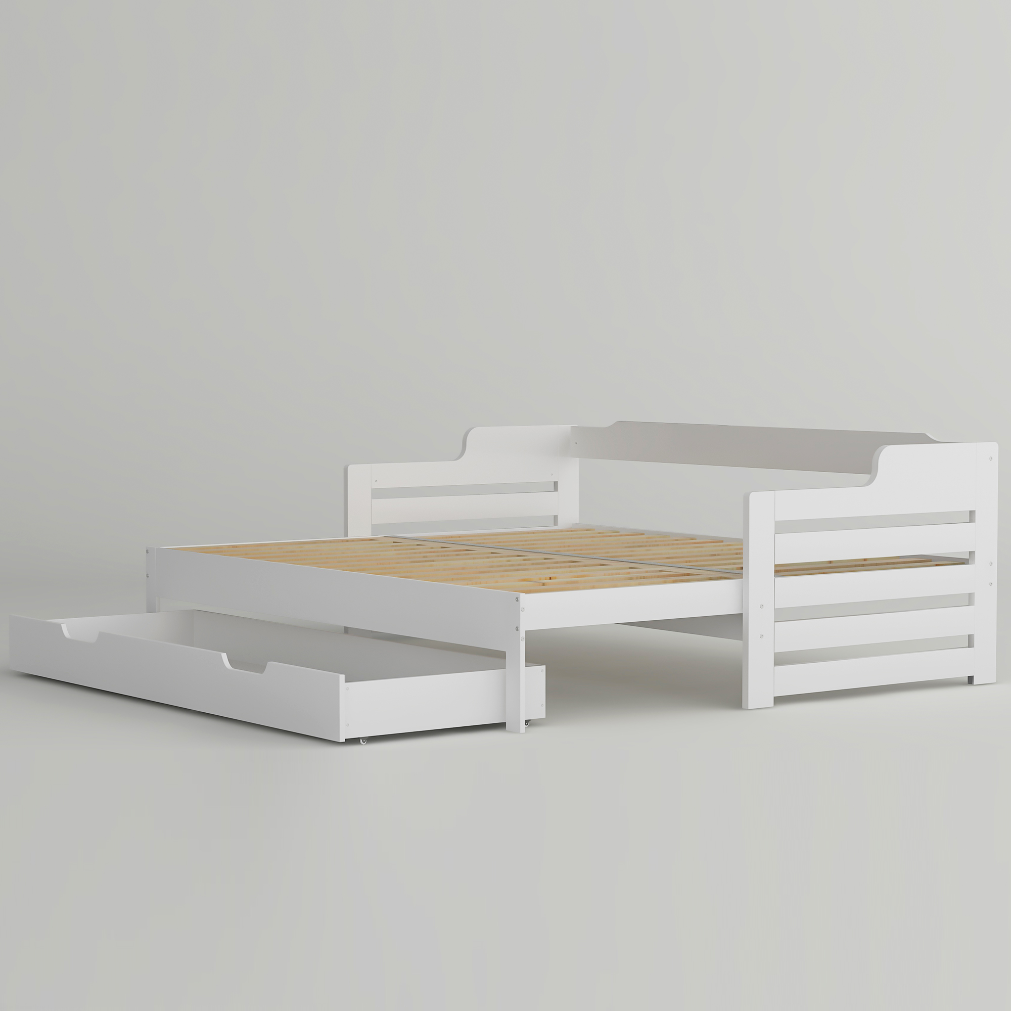 Daybed ( 90 x190 cm White Trundle and Drawer, Cabin Bed, SIngle Guest Bed Sofa Bed, Pull out Trundle and Storage Drawer for Living Room and Bedroom