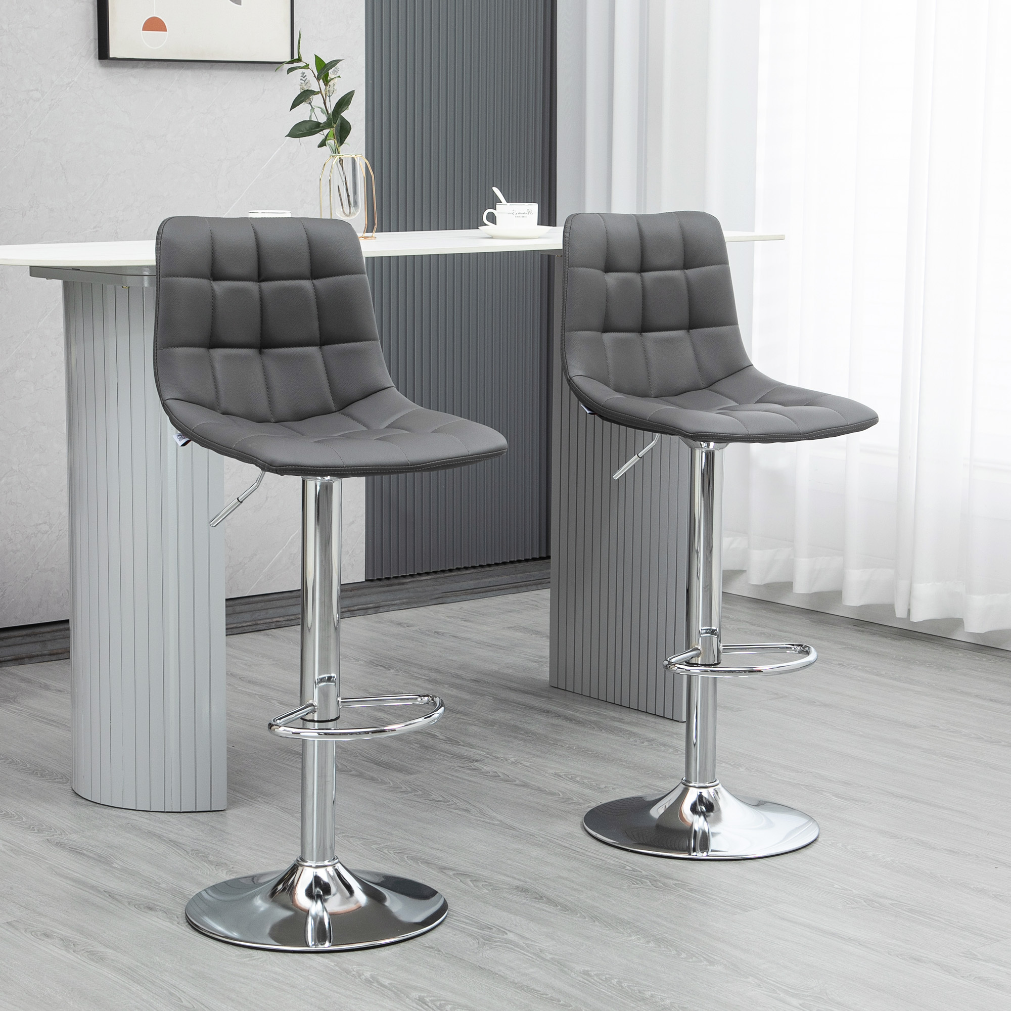 Image of Homcom Set Of 2 Leather Bar Stools With Backrest, Swivel Kitchen And Living Room Stools With Footrest, 42x45x89-110cm, Grey 136/200