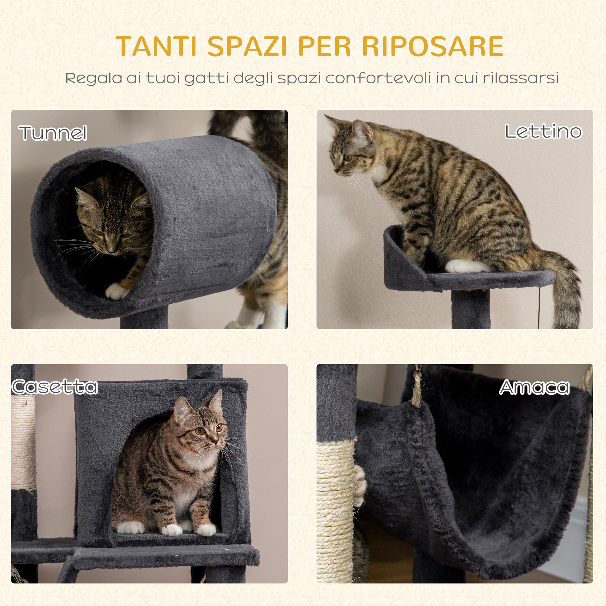 PawHut Arbore pentru Pisici cu Placaj, Pluș și Stâlpi de Zgâriat din Sisal, Casă pentru Pisici, Hamac, Pat, Tunel și Minge de Jucărie, 48x48x125 cm, Gri Închis