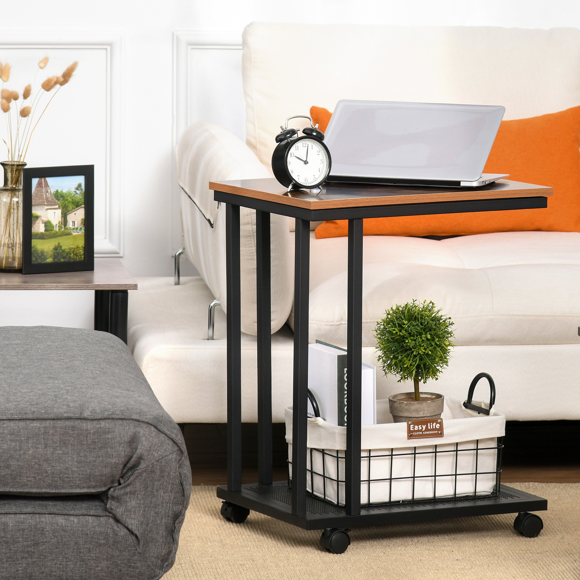 Image of Side Table Rolling Trolley Serving Trolley Laptop Table Sofa Table Side Table Bedside Table With Metal Frame Bedside Table Black + Walnut Veneered 51 X 36 Cm