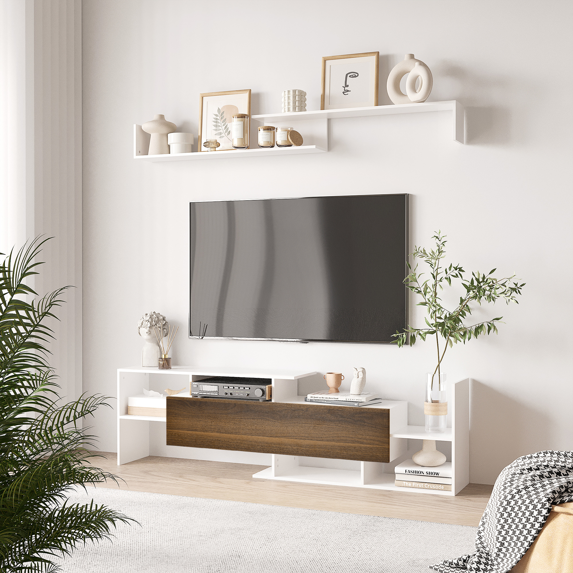 Image of Homcom Mobile Tv With Wall Shelf, Open Shelves And Closed Cabinet For Living Room And Bedroom, In Chipboard, White And Brown