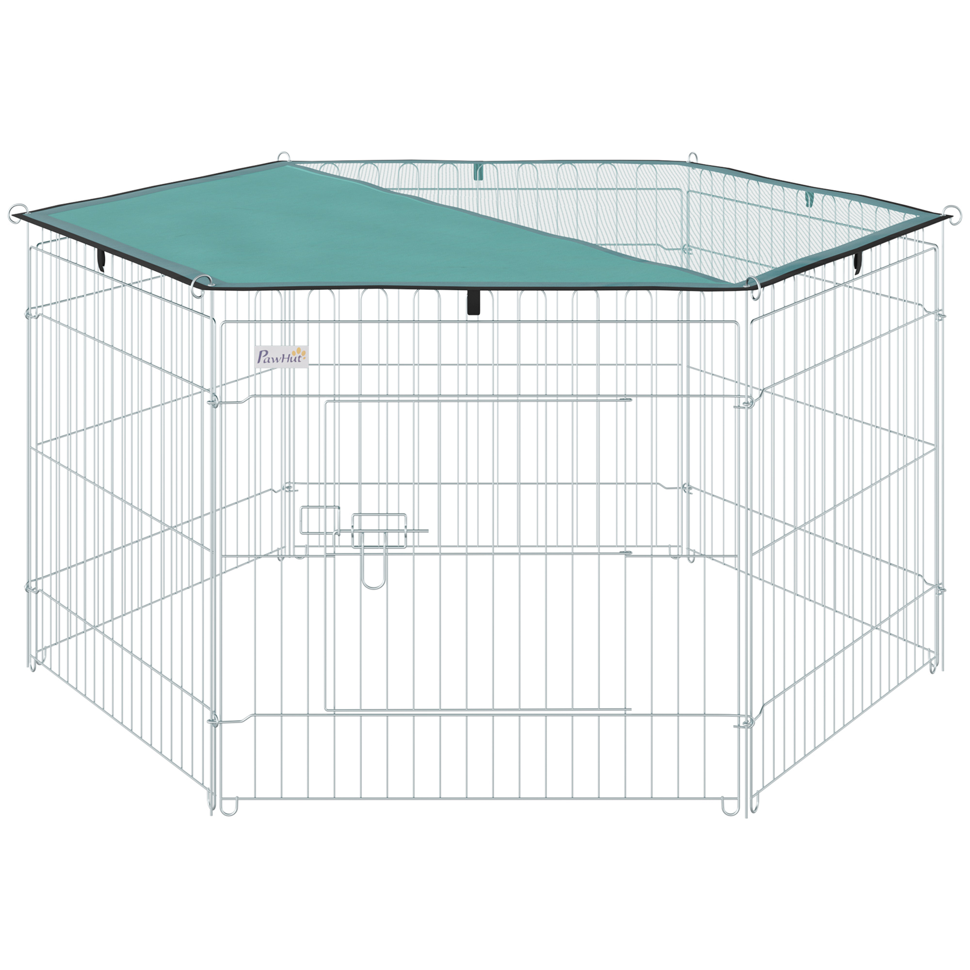 Image of Pawhut Modular Steel Enclosure For Dogs, Rabbits, Small Pets, 6 Panels And 1 Door, Indoor And Outdoor, 120 X 60 Cm, Metal Grey, Green