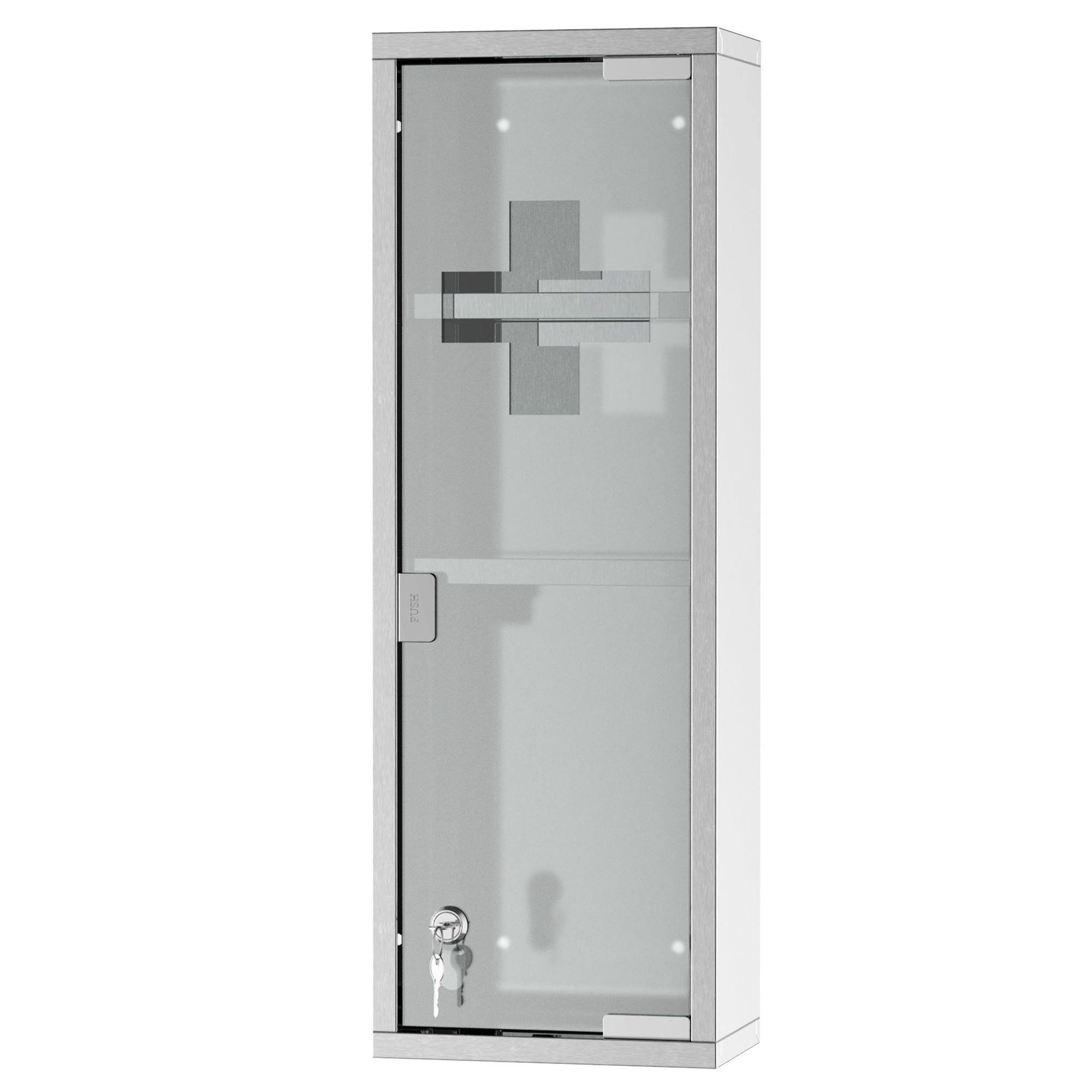 HOMCOM Pharmaciekast met schone design, 2 planken, 3 niveaus, 20L x 12L x 58H cm, glazen deur, gehard glas, kruis symbool, roestvrij staal .