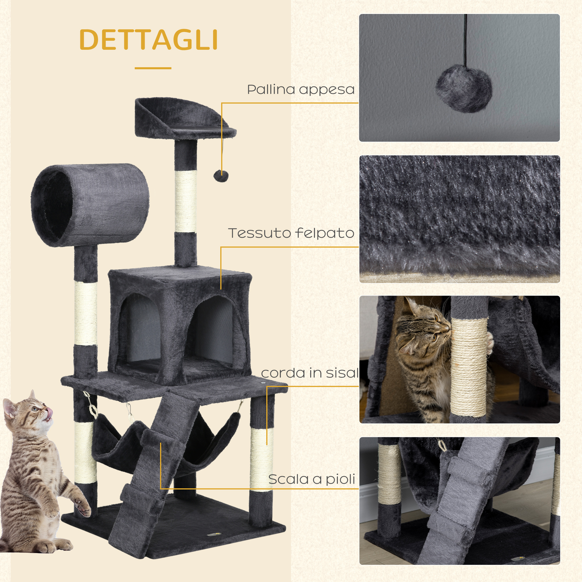 PawHut Arbore pentru Pisici cu Placaj, Pluș și Stâlpi de Zgâriat din Sisal, Casă pentru Pisici, Hamac, Pat, Tunel și Minge de Jucărie, 48x48x125 cm, Gri Închis