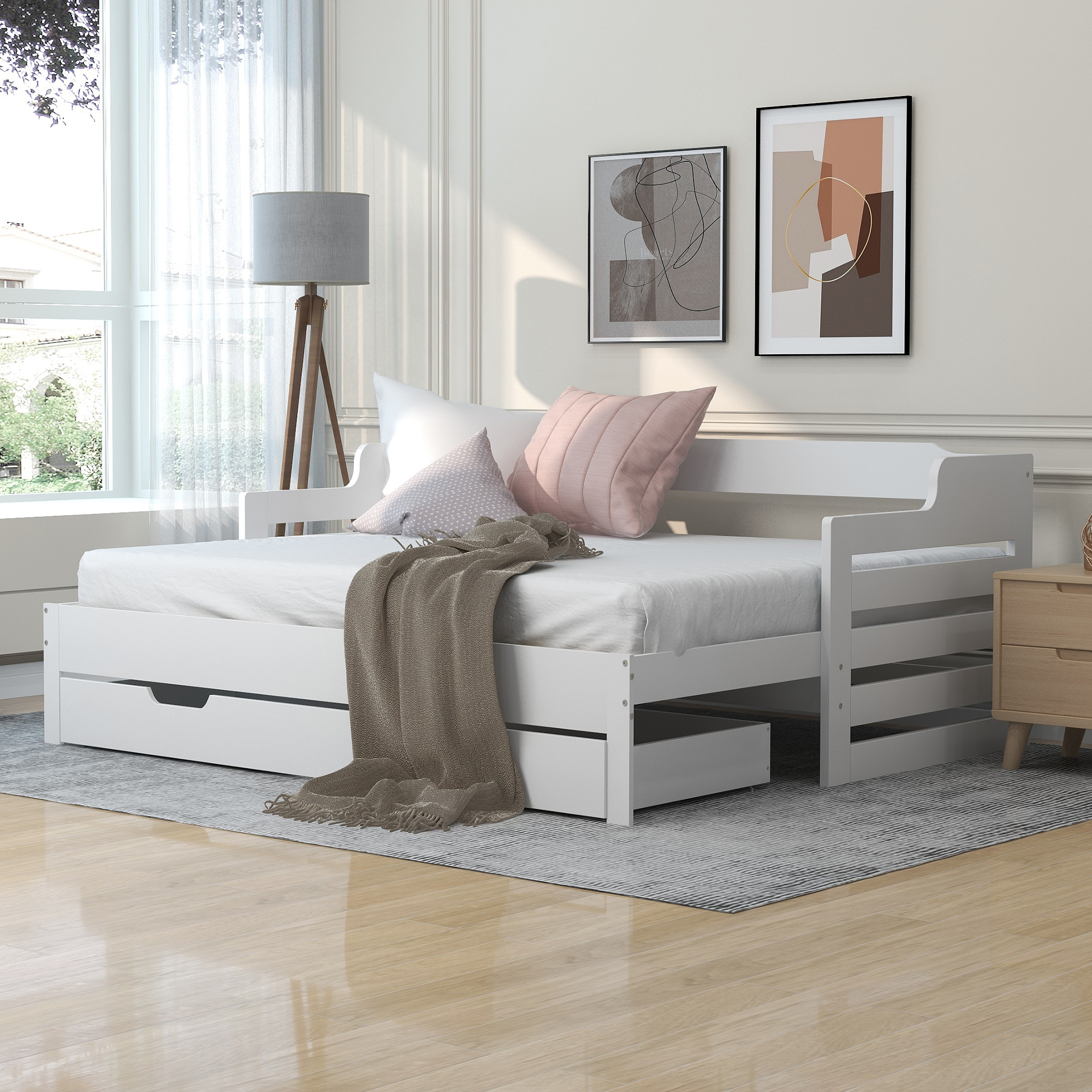 Daybed ( 90 x190 cm White Trundle and Drawer, Cabin Bed, SIngle Guest Bed Sofa Bed, Pull out Trundle and Storage Drawer for Living Room and Bedroom