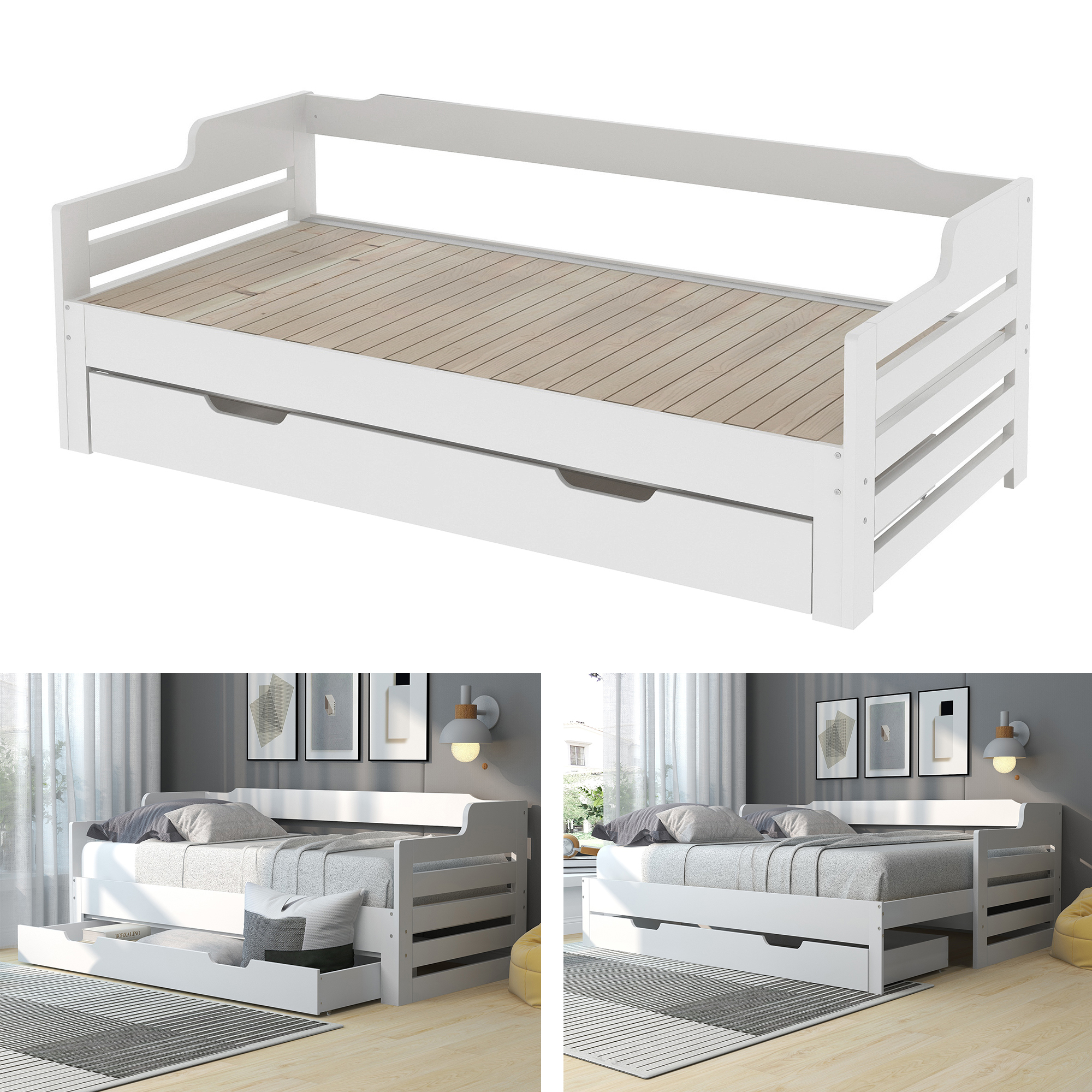 Daybed ( 90 x190 cm White Trundle and Drawer, Cabin Bed, SIngle Guest Bed Sofa Bed, Pull out Trundle and Storage Drawer for Living Room and Bedroom