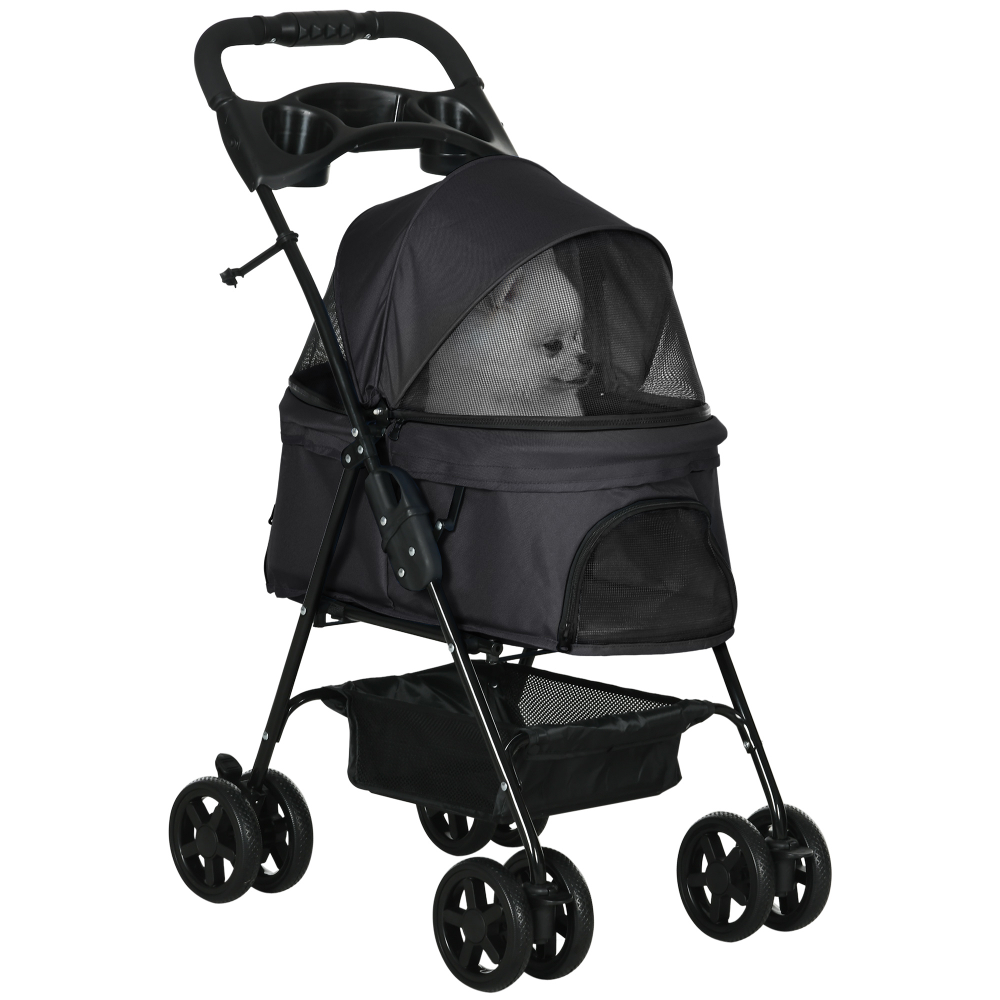 Pawhut Foldable Dog Stroller Buggy Cat Carrier Storage Basket With Cup Holders Fabric 300d Oxford Waterproof Black