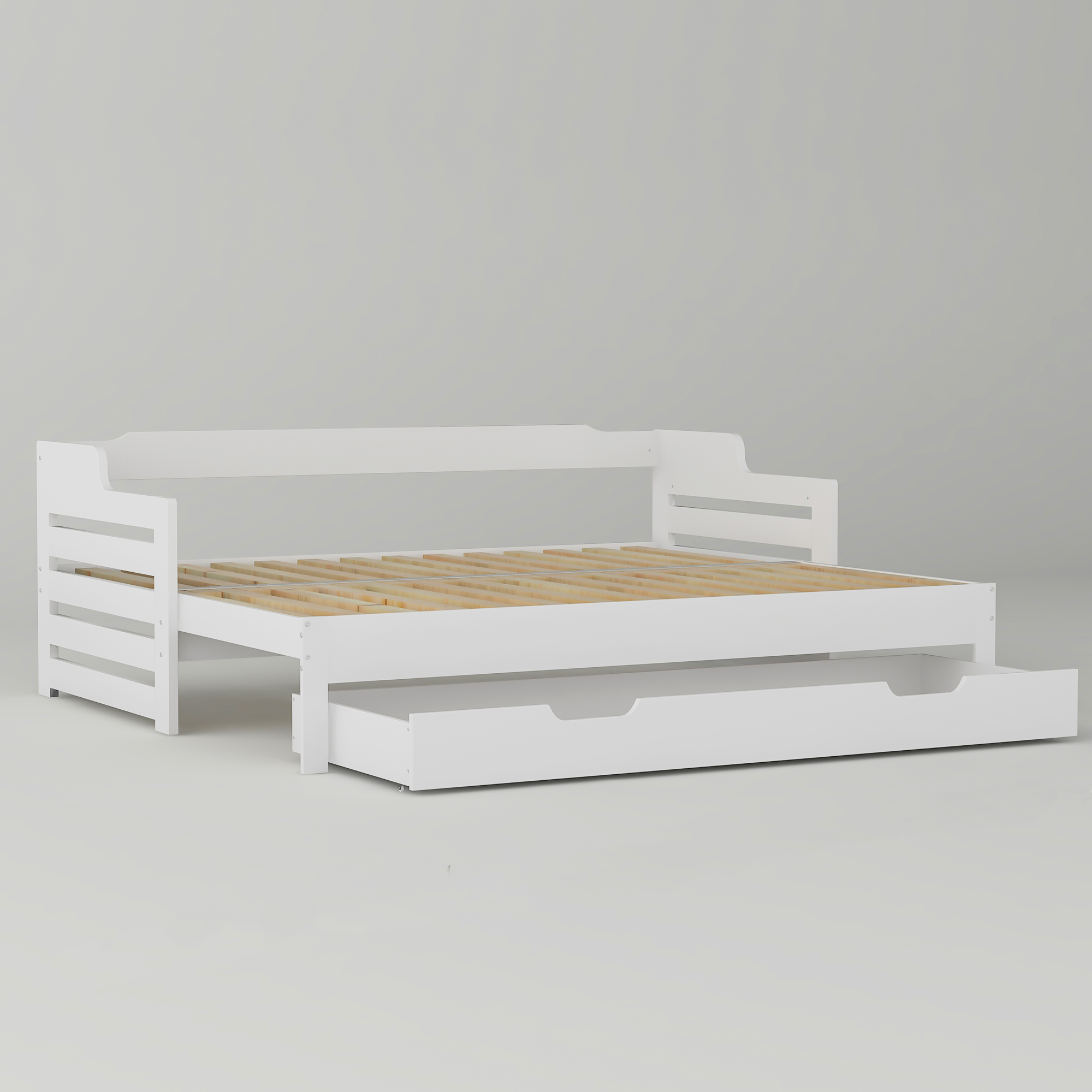 Daybed ( 90 x190 cm White Trundle and Drawer, Cabin Bed, SIngle Guest Bed Sofa Bed, Pull out Trundle and Storage Drawer for Living Room and Bedroom