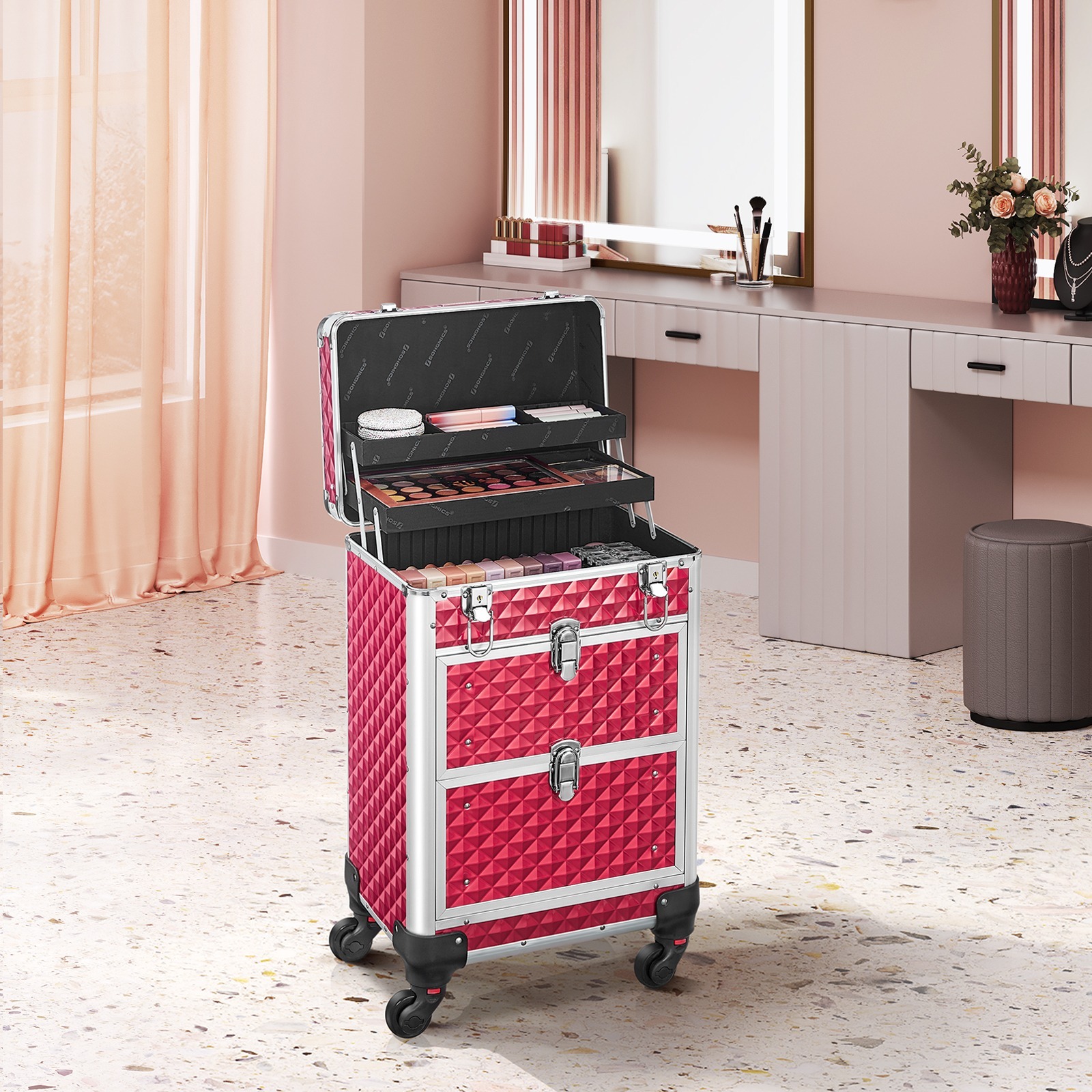 TEMU Songmics Cosmetic Trolley, Makeup Case, Makeup Trolley, 2 Drawers, Large, 360 Swivel Wheels, Case, For Makeup Artists, Gift Idea, Christmas,