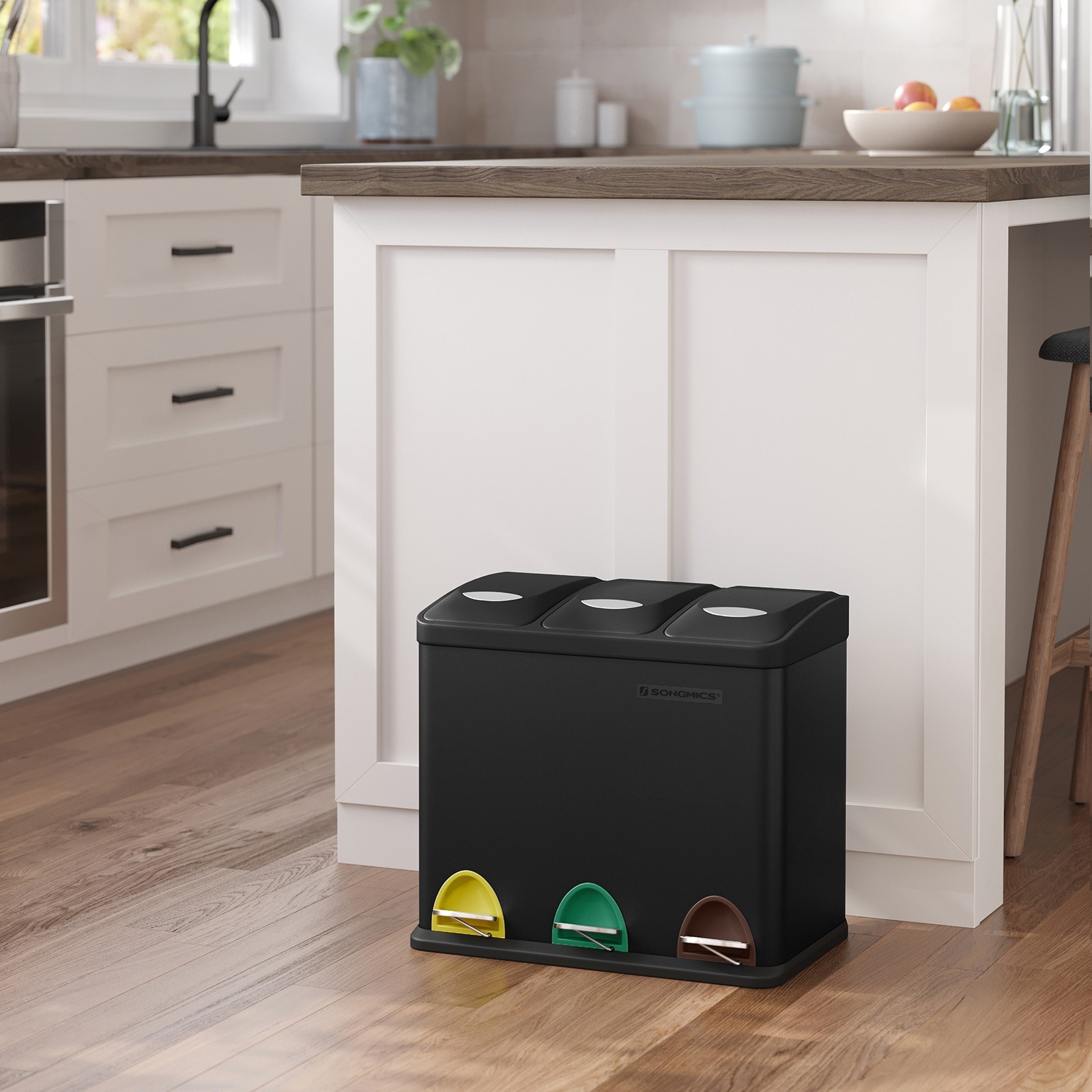 

Songmics Kitchen Waste Bin, 3 X 8 L Waste Bin With , Triple Steel Bin, Pedals & Inner Buckets, Easy To Clean