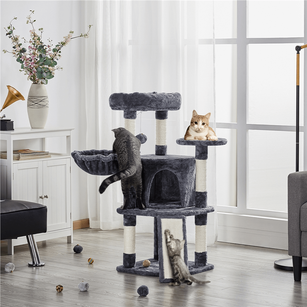 E-shop Costoffs 107 cm Kratzbaum mit Aussichtsplattform & Katzenhöhle & 5 Sisalstämme & Liegemulde & Kratzbrett & Hängendem Plüschball Katzenmöbel