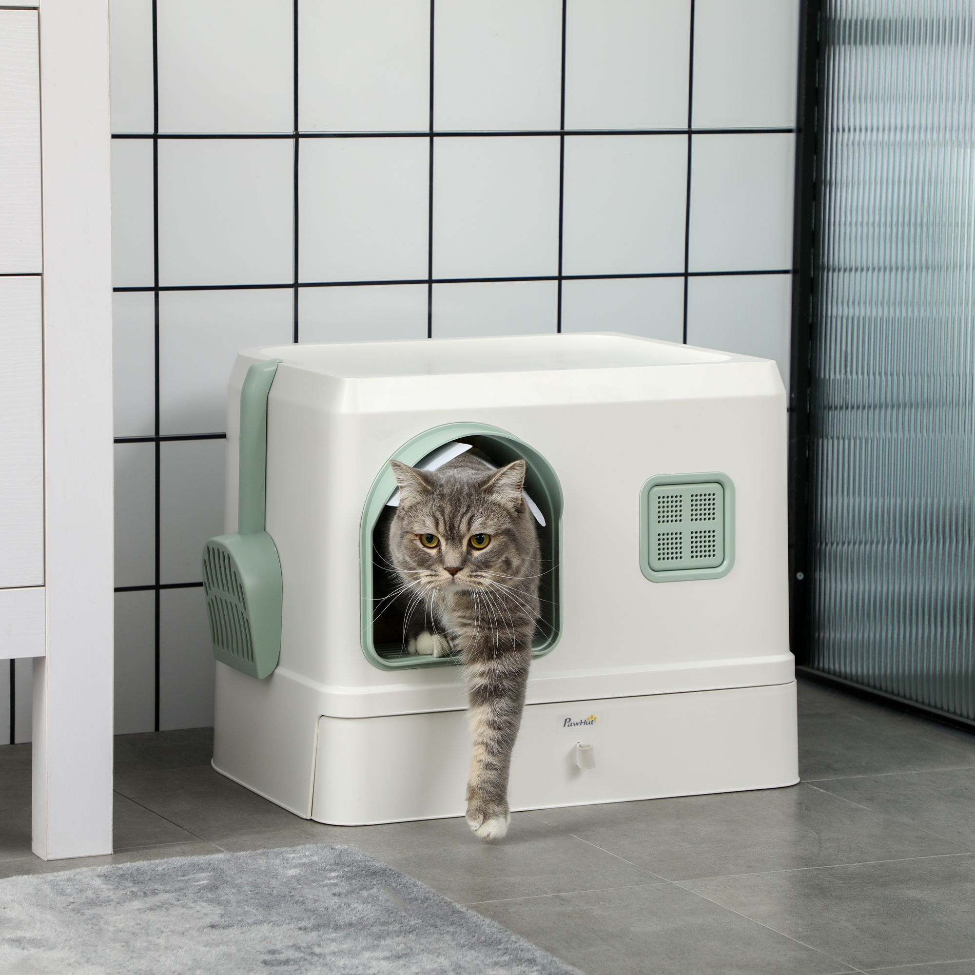 TEMU Cat Litter Box With Drawer Pan, Hooded Cat Litter Tray With , Deodorants, Front Entrance, 50 X 40 X 40cm - White