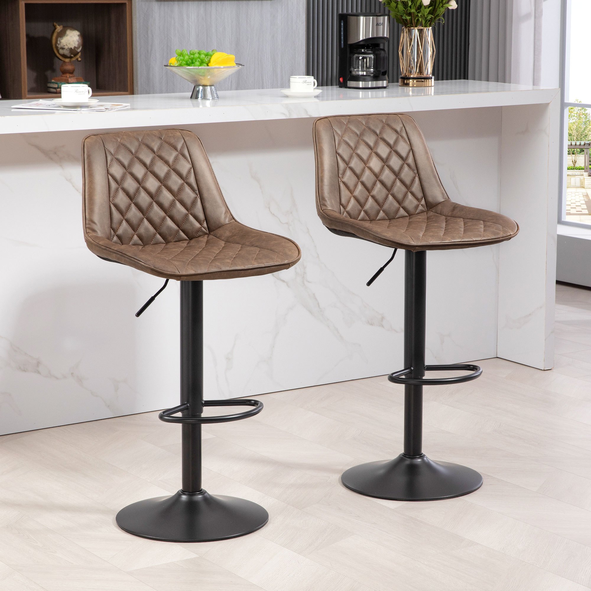 TEMU Bar Stools Set Of 2, Retro Adjustable Kitchen Stool, Swivel Pu Leather Upholstered Bar Chairs With Back, Footrest And , Brown