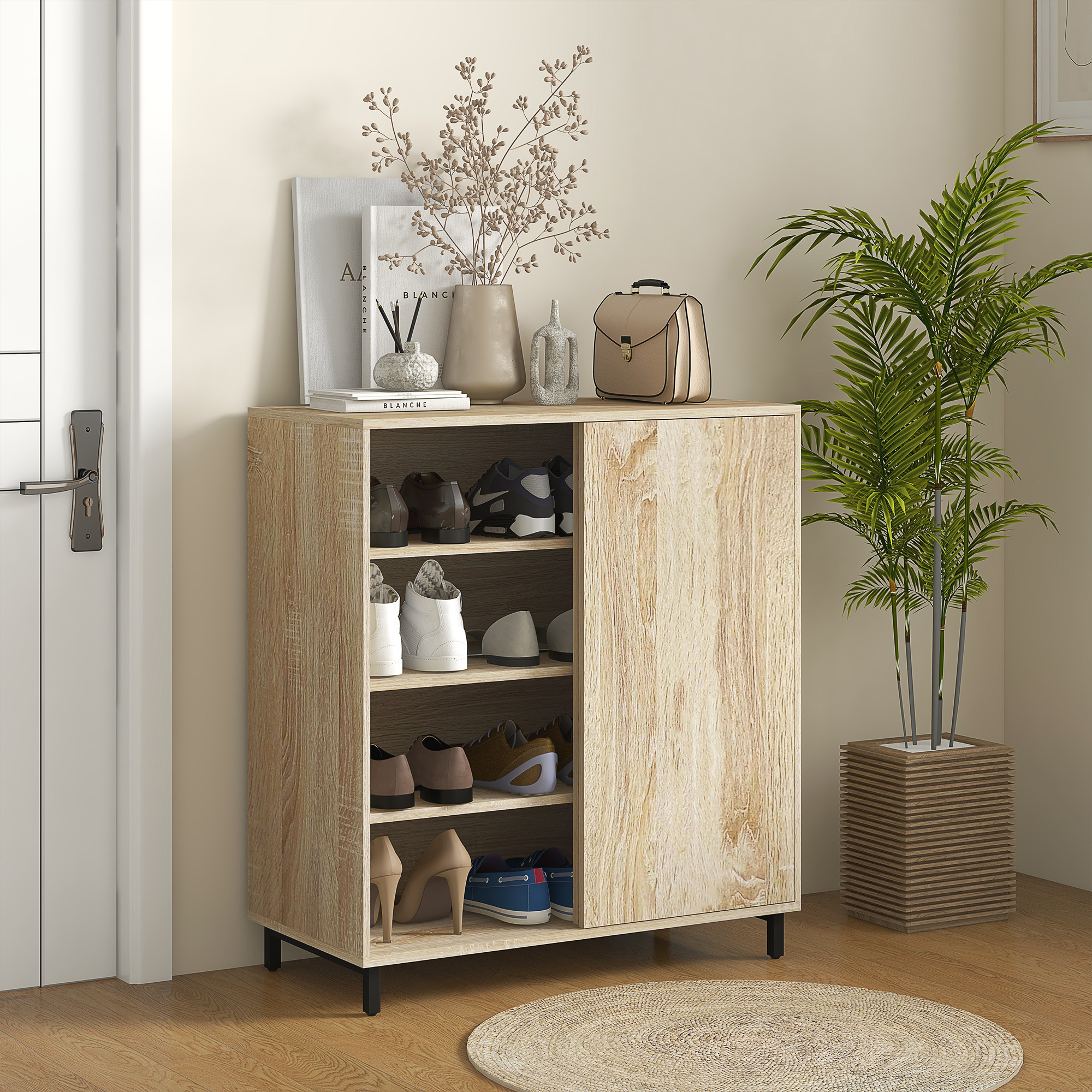 Image of Homcom Mobile 4-tier Shoe Rack In Chipboard And Steel With Sliding Door And Adjustable Shelves For Up To 12 Pairs Of Shoes, 80x40x93 Cm, Wooden Color