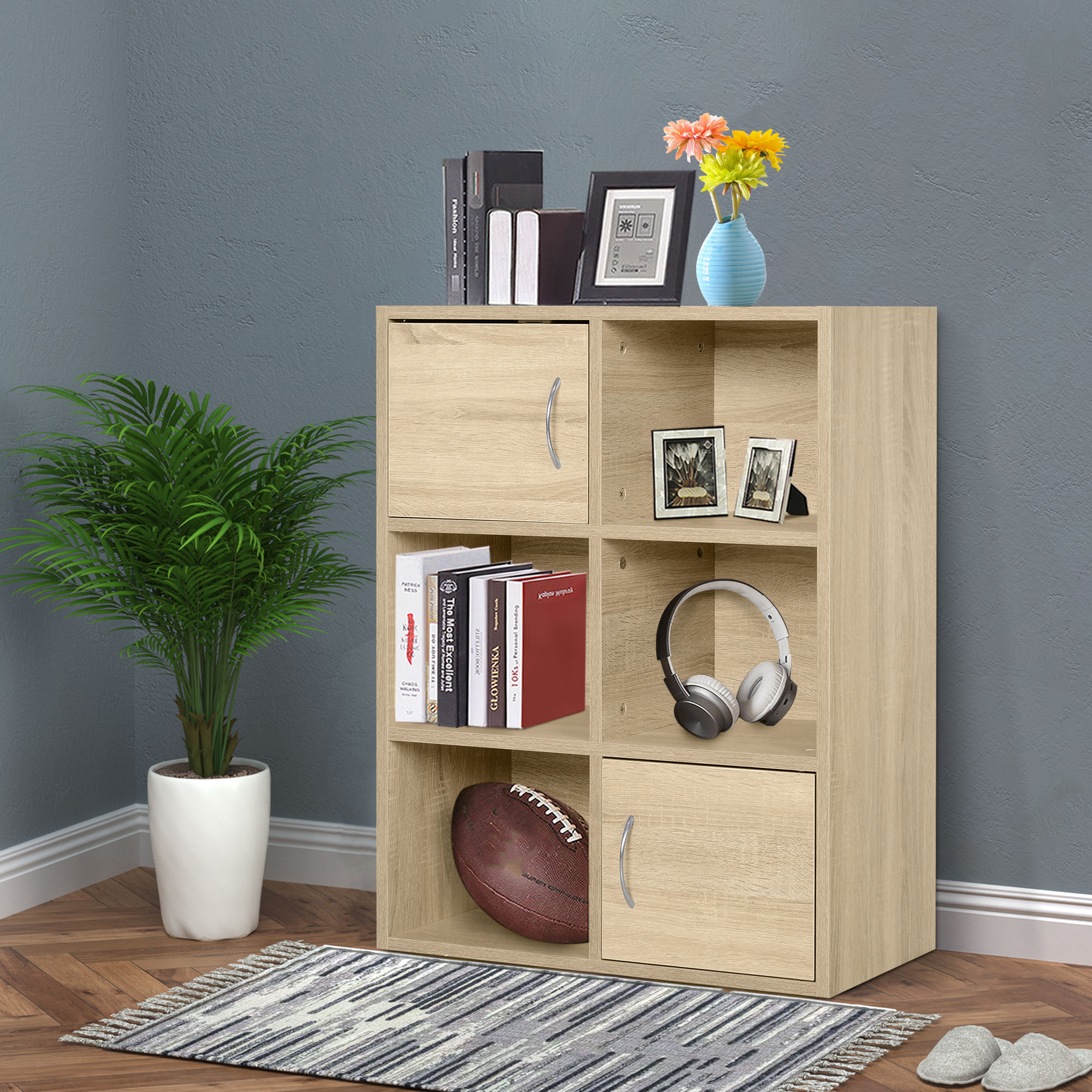 Homcom Wooden Shelf Bookcase, Multipurpose Cabinet With 3 Shelves 4 Compartments And 2 Doors, 61.5x29.5x80cm