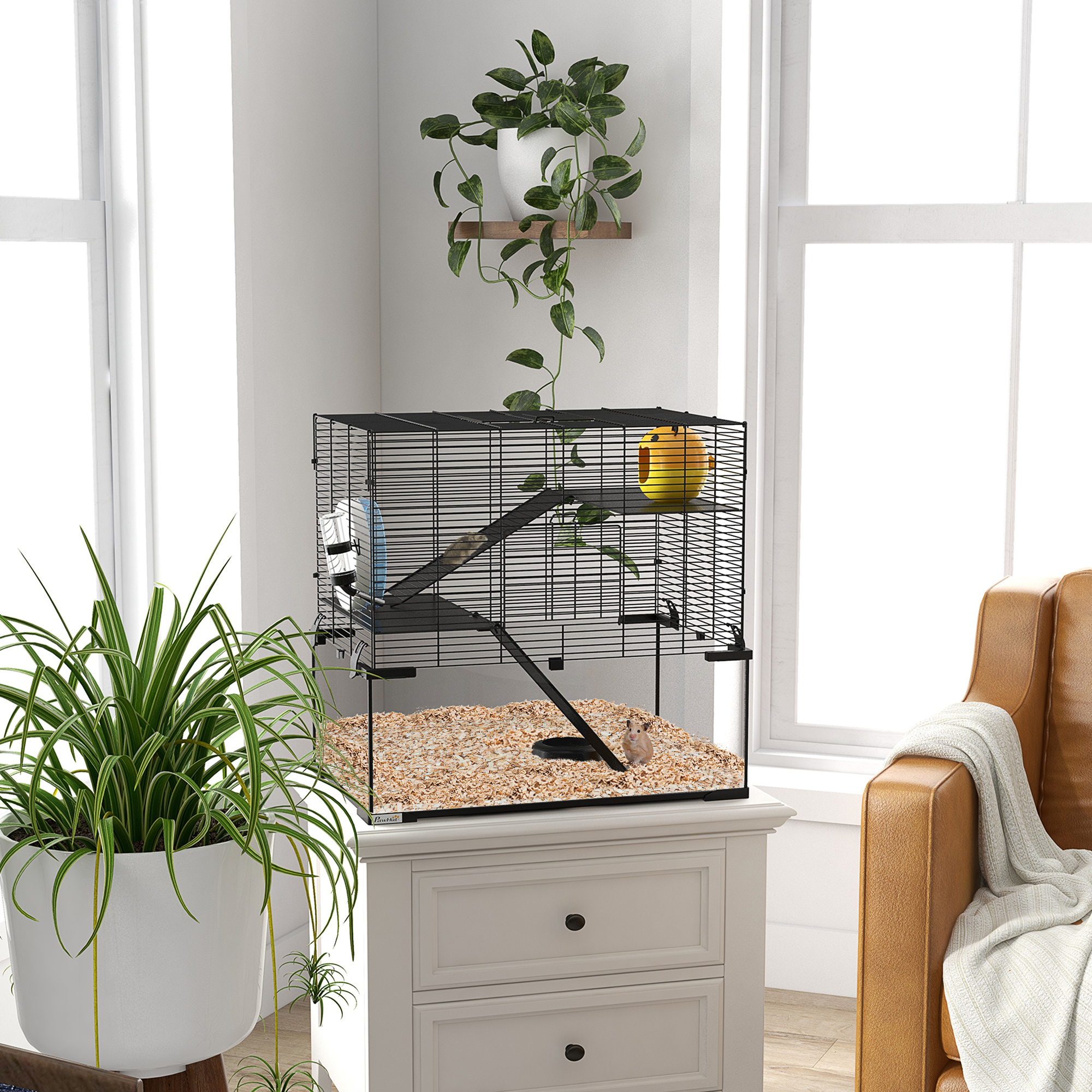 Image of Pawhut Cage For Hamsters, Small Cage For Hamsters, Gerbils And Small Animals In Steel Wire And Glass With Wheel, Platforms, Ramps, Removable Base, Drinking Bottle And Feeder, 60x40x57cm, Black