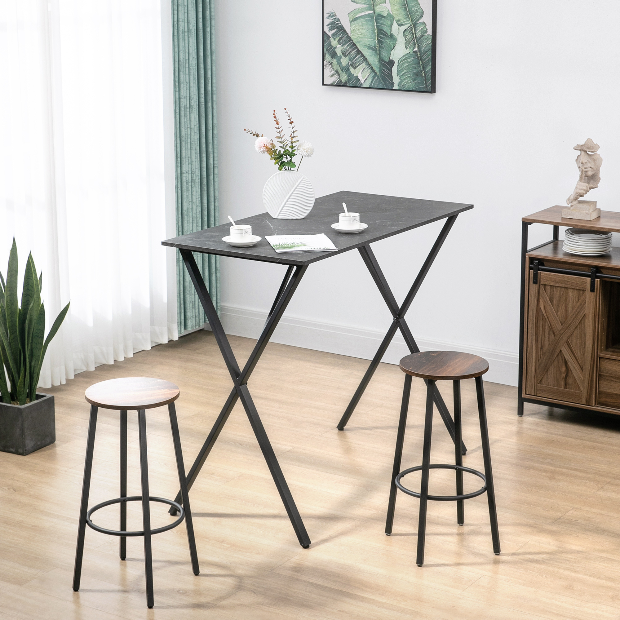 Homcom Industrial Bar Counter, High Kitchen Table With Marble Effect In , 120 X 60 X 102 Cm, Black