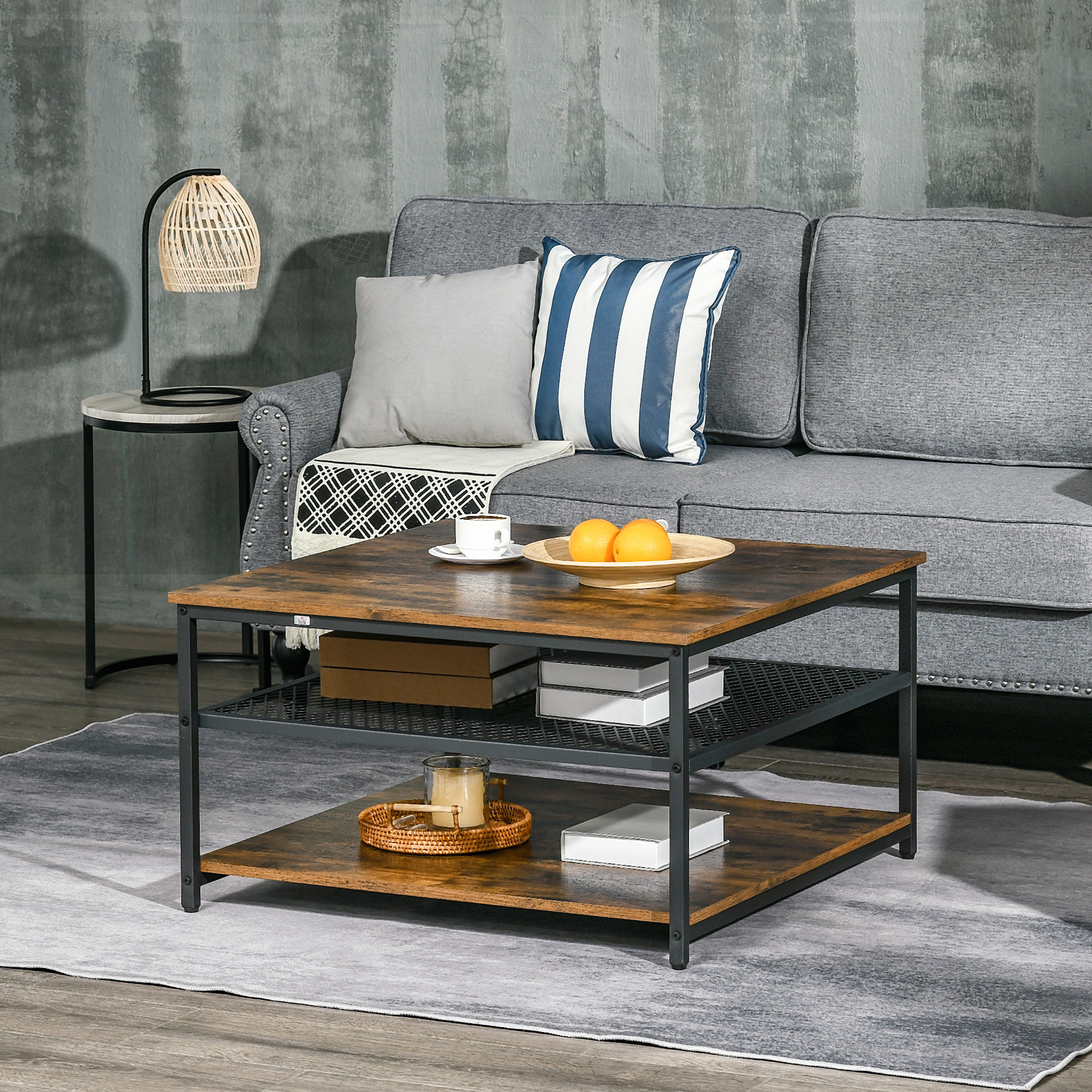 TEMU Coffee Table, Living Room Table With 3-tier Storage Shelves, Square Tea Table For Home Office, Rustic Brown