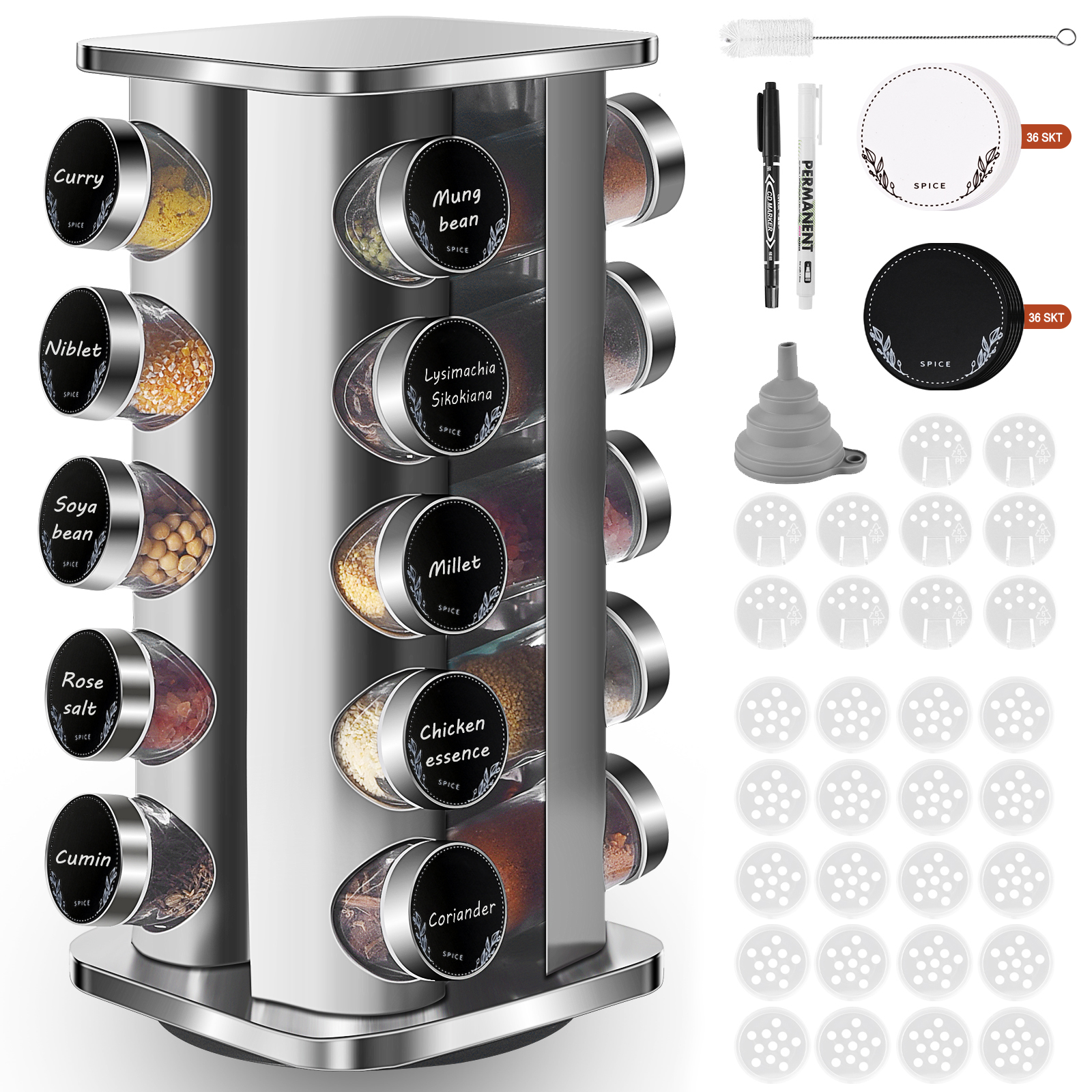 

Square Spice Rack With 20 Spice Jars Round, 360 Rotatable Stainless Steel Spice Carousel, Spice Organizer, Spice Stand Standing, Spice Jars With Sprinkler Insert, Spice Jar