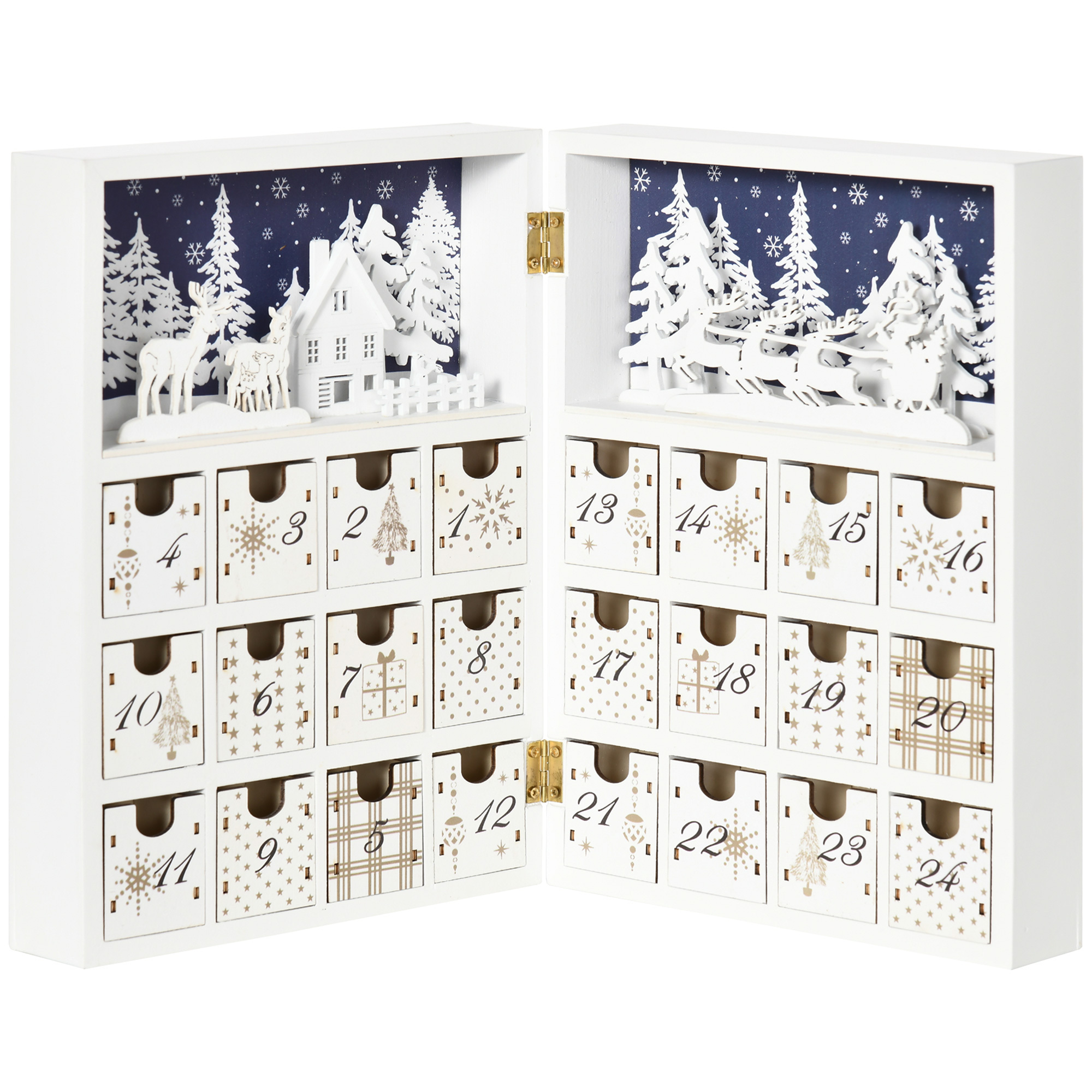   wooden advent calendar book shape christmas decoration miniature book on table 24 boxes scandinavian style 22 x 9 x 30 cm white