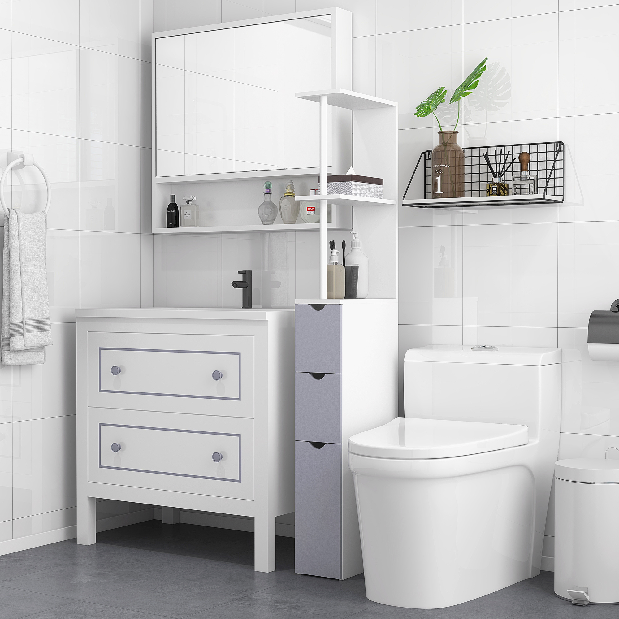 Modern Bathroom Auxiliary Column Cabinet With 2 Shelves, 2 Drawers, And 1 Anti-tip Door 15x33x136.5 Cm In White