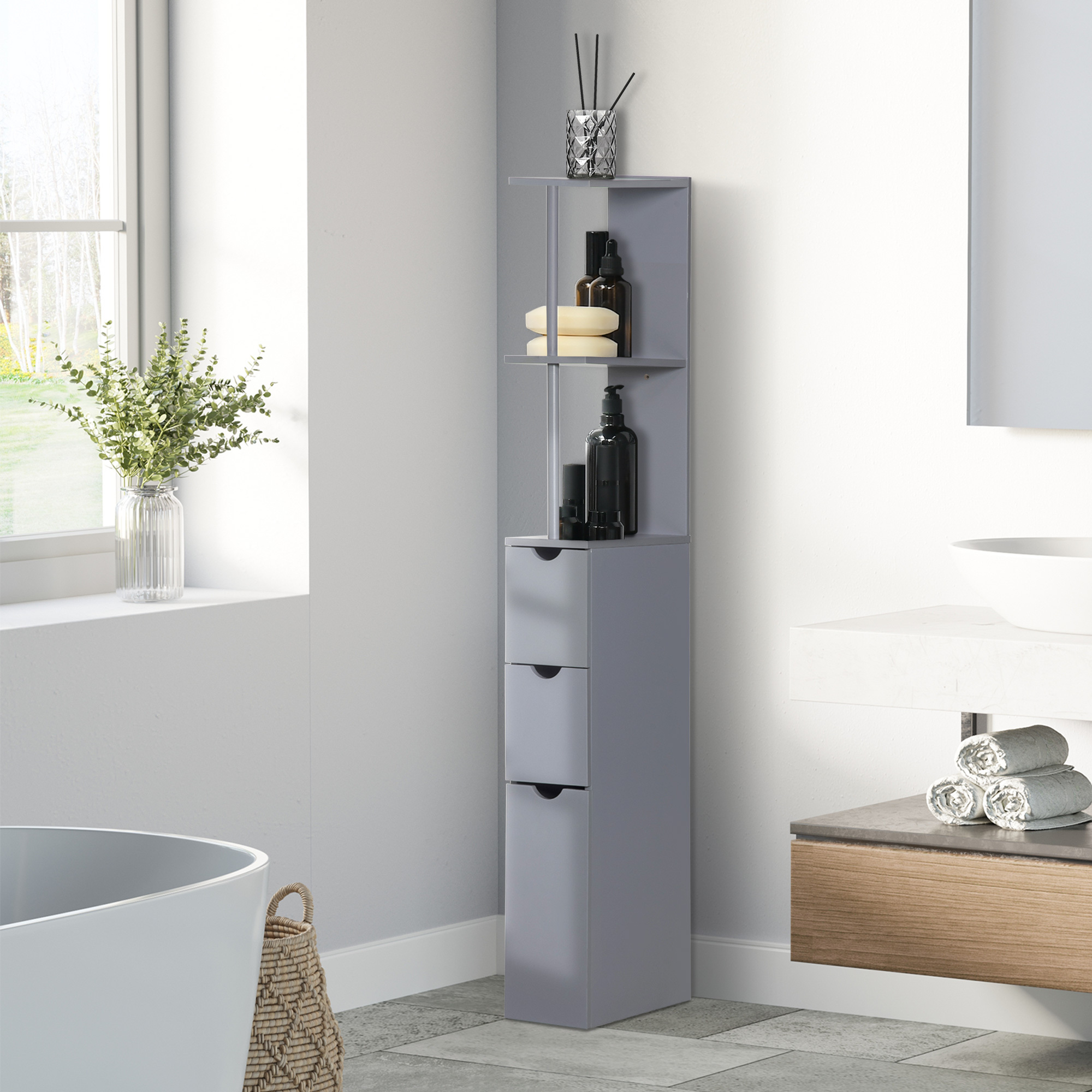 Image of Homcom Modern Bathroom Auxiliary Column Bathroom Cabinet Bathroom Auxiliary Furniture With 2 Shelves 2 Drawers And 1 Anti-tip Door 15x33x136, 5 Cm Gray