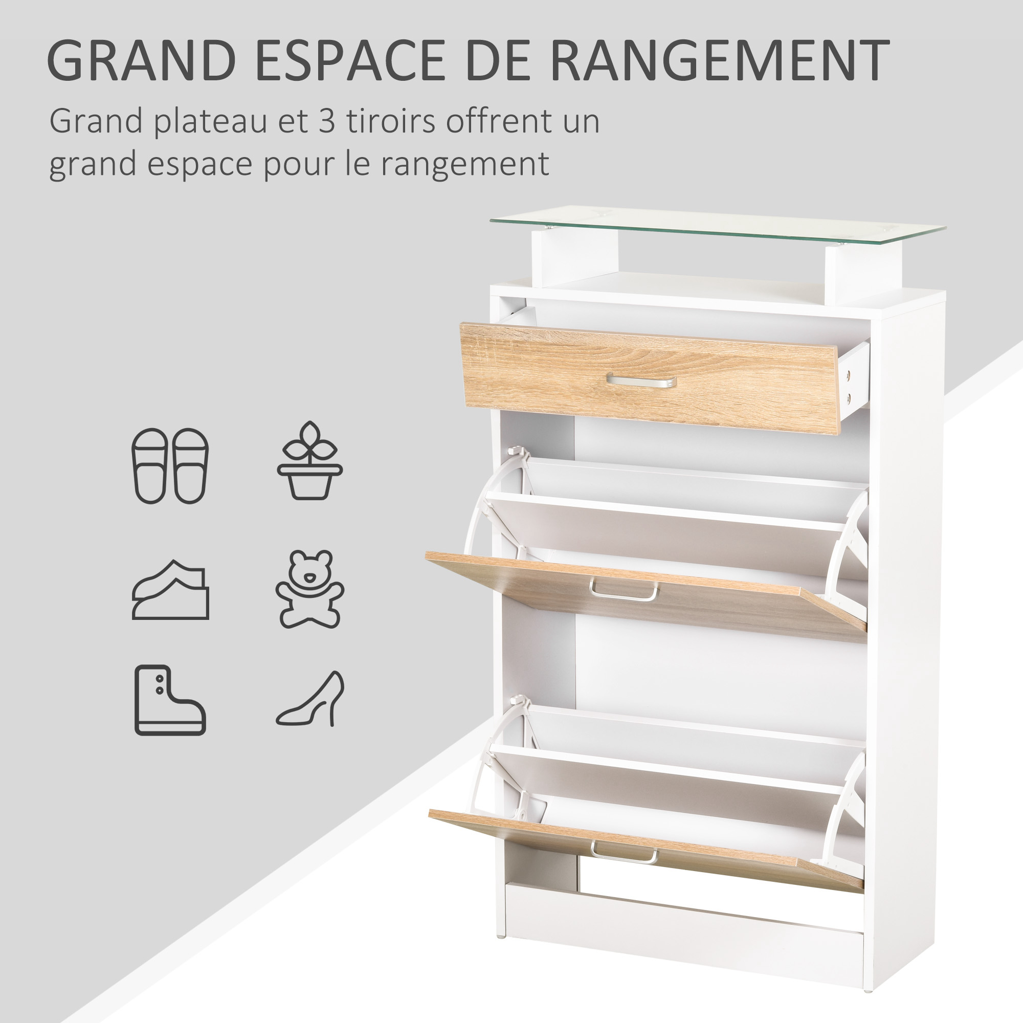 Homcom Shoe Cabinet Luxury Shoe Organizer 2 Drop-down Doors 2 Compartments, Drawer, Shelf Glass Particleboard White Oak