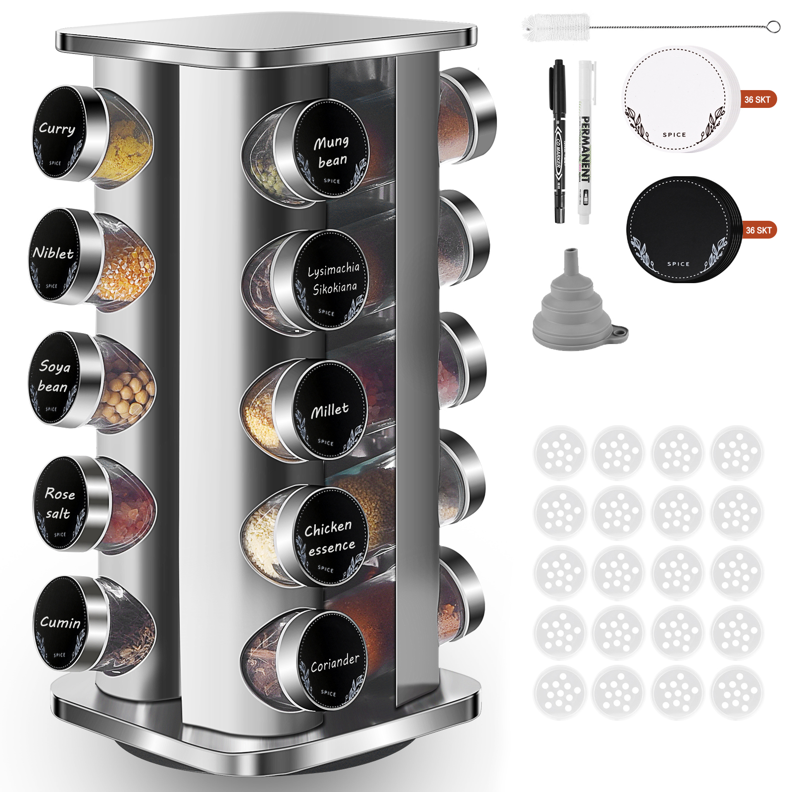 

Miorkly Square Spice Rack With 20 Spice Jars Round, 360 Rotatable Stainless Steel Spice Carousel, Spice Organizer, Spice Stand Standing, Spice Jars With Sprinkler Insert, Spice Jar