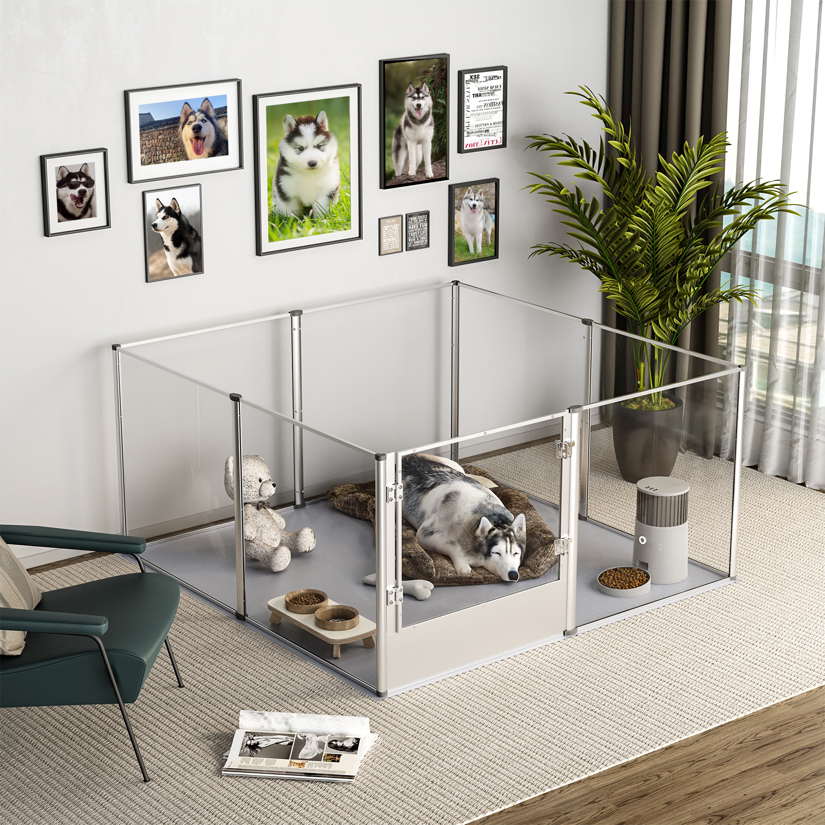 Dog Clear Playpen 132x132x80.5cm Fence In Acrylic 8-panel Pet Indoor Whelping Box Pen With Waterproof Whelping Pad