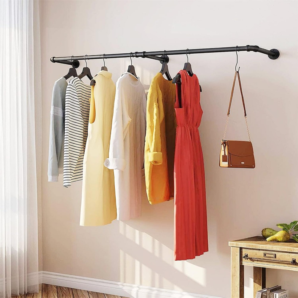 Image of Clothes Rack For Wall Tube Clothes Rack Industrial Style Wall Hangers Removable Metal Clothes Rails Coat Rack Bedroom For Living Room Bedroom